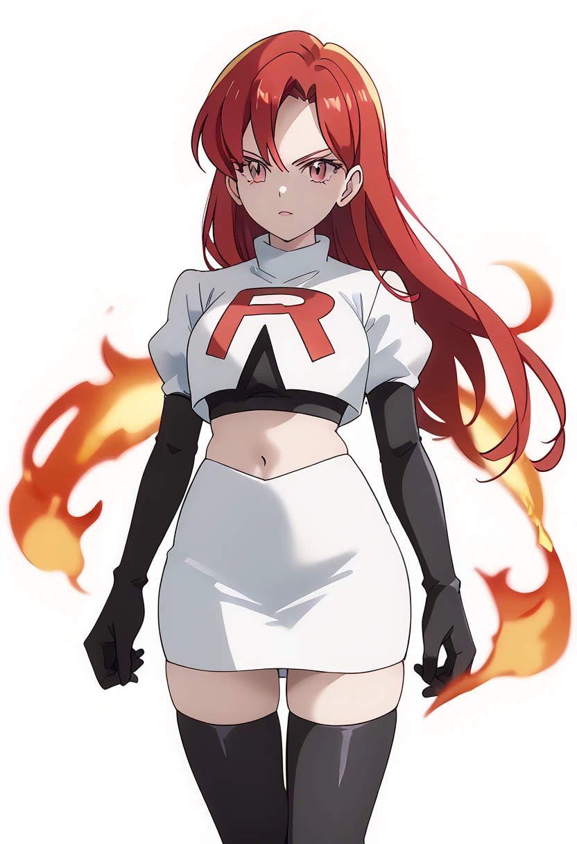 score_9_up,score_8_up,score_7_up,DL_MS,1girl,solo,fire,long hair,red hair,pink eyes,white_background,simple_background,team rocket,team rocket uniform,white skirt,red letter R,crop top,black thigh-highs,black elbow gloves, cowboy_shot,