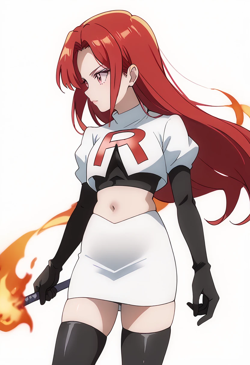 score_9_up,score_8_up,score_7_up,DL_MS,1girl,solo,fire,long hair,red hair,pink eyes,white_background,simple_background,team rocket,team rocket uniform,white skirt,red letter R,crop top,black thigh-highs,black elbow gloves, cowboy_shot,