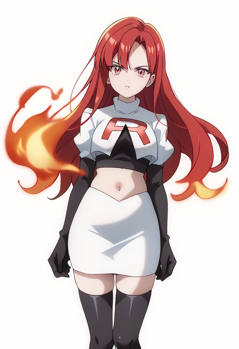 score_9_up,score_8_up,score_7_up,DL_MS,1girl,solo,fire,long hair,red hair,pink eyes,white_background,simple_background,team rocket,team rocket uniform,white skirt,red letter R,crop top,black thigh-highs,black elbow gloves, cowboy_shot,