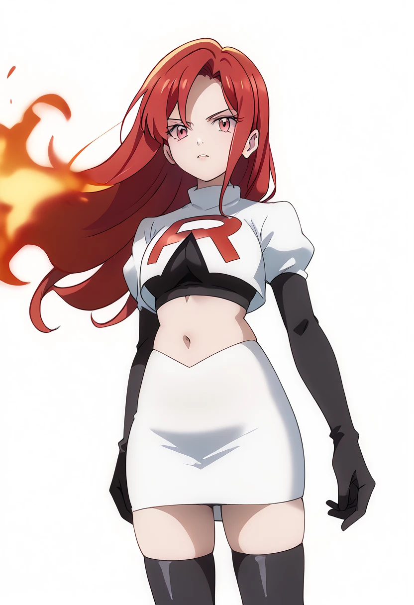 score_9_up,score_8_up,score_7_up,DL_MS,1girl,solo,fire,long hair,red hair,pink eyes,white_background,simple_background,team rocket,team rocket uniform,white skirt,red letter R,crop top,black thigh-highs,black elbow gloves, cowboy_shot,