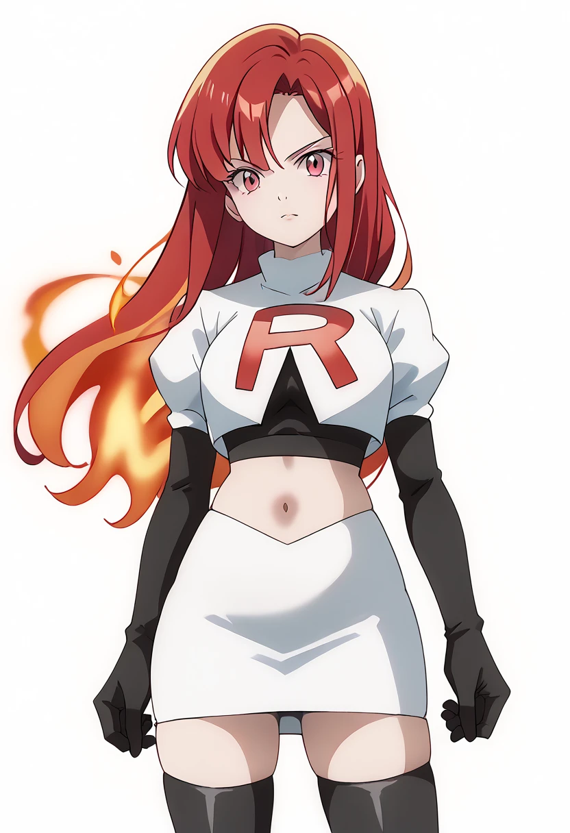 score_9_up,score_8_up,score_7_up,DL_MS,1girl,solo,fire,long hair,red hair,pink eyes,white_background,simple_background,team rocket,team rocket uniform,white skirt,red letter R,crop top,black thigh-highs,black elbow gloves, cowboy_shot,