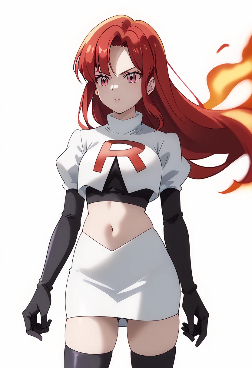 score_9_up,score_8_up,score_7_up,DL_MS,1girl,solo,fire,long hair,red hair,pink eyes,white_background,simple_background,team rocket,team rocket uniform,white skirt,red letter R,crop top,black thigh-highs,black elbow gloves, cowboy_shot,