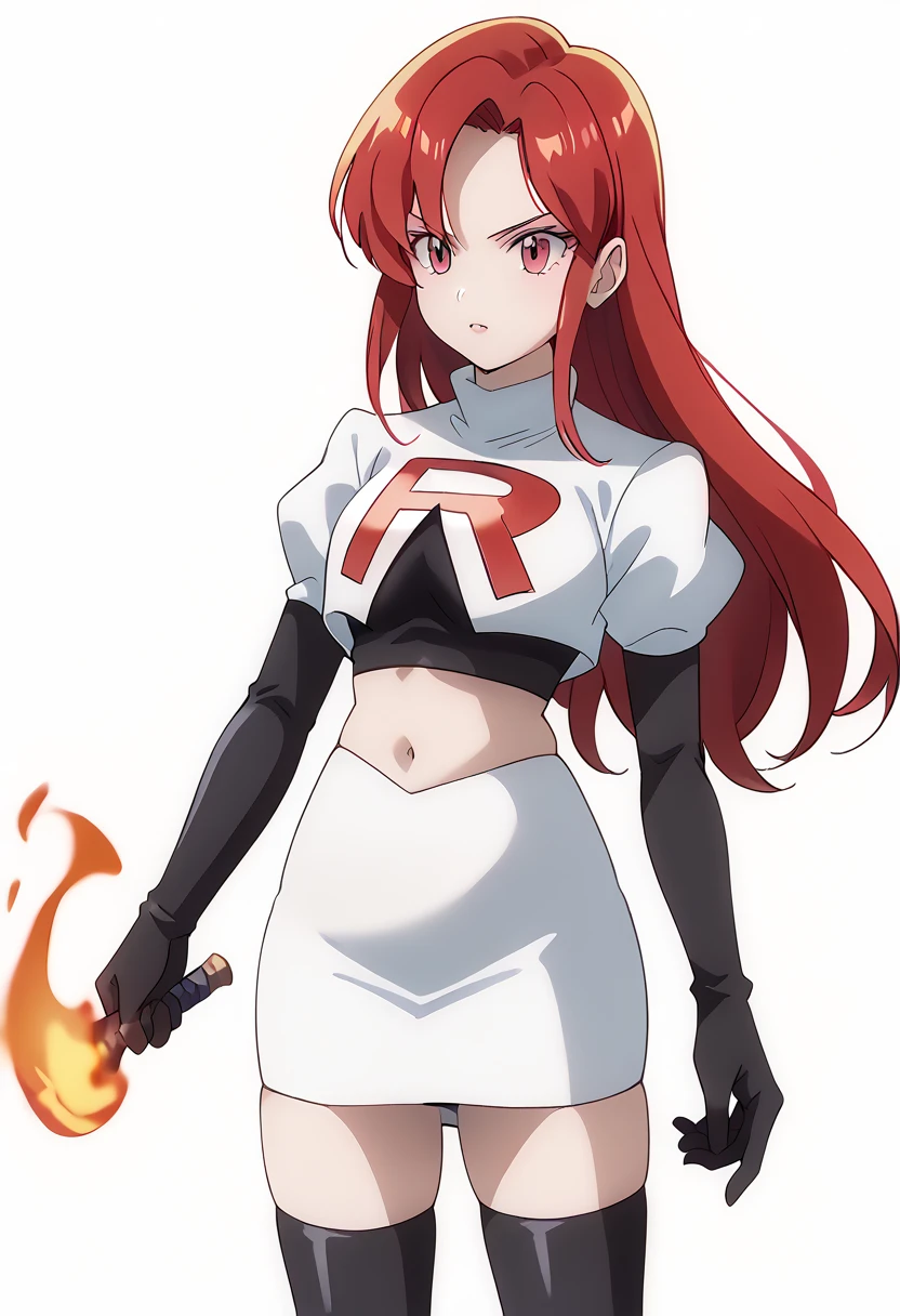 score_9_up,score_8_up,score_7_up,DL_MS,1girl,solo,fire,long hair,red hair,pink eyes,white_background,simple_background,team rocket,team rocket uniform,white skirt,red letter R,crop top,black thigh-highs,black elbow gloves, cowboy_shot,