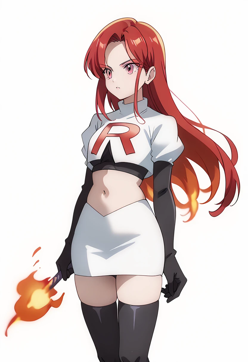 score_9_up,score_8_up,score_7_up,DL_MS,1girl,solo,fire,long hair,red hair,pink eyes,white_background,simple_background,team rocket,team rocket uniform,white skirt,red letter R,crop top,black thigh-highs,black elbow gloves, cowboy_shot,