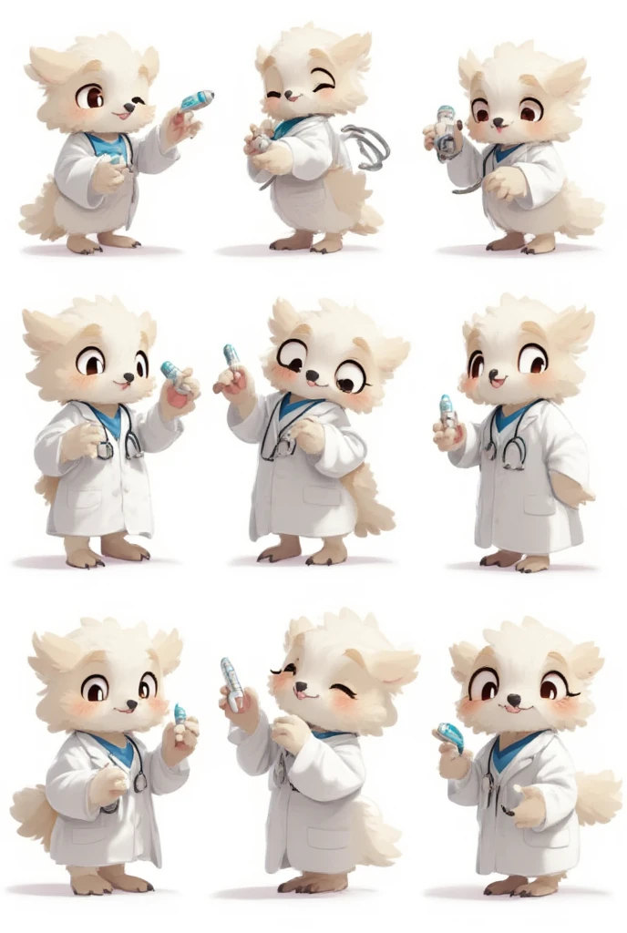 An anthropomorphic light-colored owl anesthesiologist named Som, maintaining its signature wise and professional personality. Som has soft feathers, wearing a white lab coat and a stethoscope. The character is shown performing eight different actions, all while looking directly at the camera: Holding a syringe with a confident smile, preparing for a procedure. Gesturing reassuringly with one wing, as if calming a patient. Sitting at a desk, writing notes on a clipboard with focus. Holding an oxygen mask, demonstrating its use with a gentle expression. Giving a thumbs-up gesture with a cheerful and encouraging look. Using a stethoscope to listen, showing attentiveness. Holding a vial of medicine up to the light, inspecting it carefully. Standing with wings open wide, as if presenting or welcoming, exuding calm confidence and professionalism. The background is pure white, ensuring the character is the main focus.