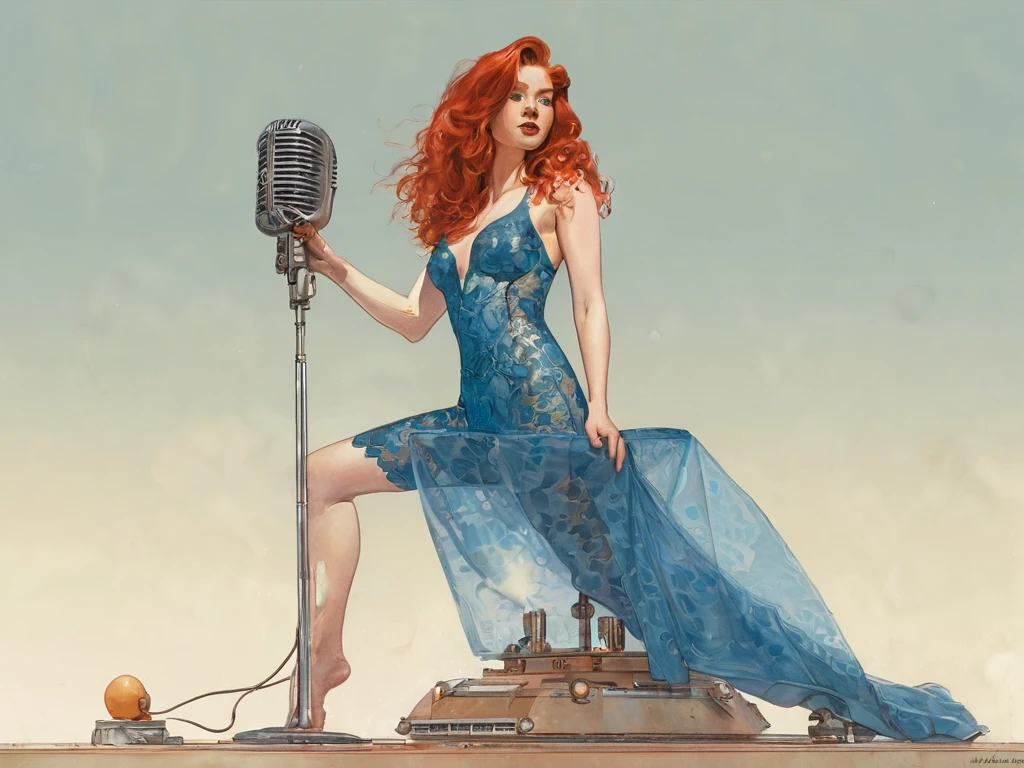 A redheaded woman standing on a stage with a robotic arm. She sings into a standing microphone and lets her silky dress fall off her perfect body, pooling at her feet to reveal a lacy blue bodysuit. Pulp science fiction style, watercolor, raypunk, cyberpunk, by Norman Saunders, by Chris Foss , (clear lines:1), by Simon Stålenhag, by Virgil Finlay, by H.R. Geiger, face restoration. (simple background :1.5) crisp vibrant detailed soft painterly digital art, volumetric lighting, natural lighting, realistic lighting, vibrant colors, crisp oil painting, painterly realism, depth of field, subtle soft details, vivid, fresh, striking, by darkgem, by anhes, by dagasi, by atey ghailan, by MilletGustave, by Curbet, by Charlie Bowater, lol art. vintage pulp art, by Earle K. Bergey, by Kelly Freas, by Alex Schomburg, by H. J. Ward, glossy pulp art, Amazing Stories, Weird Tales, 8k, high resolution, best quality 