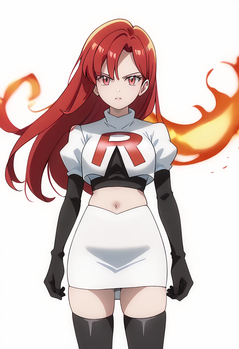 score_9_up,score_8_up,score_7_up,DL_MS,1girl,solo,fire,long hair,red hair,pink eyes,white_background,simple_background,team rocket,team rocket uniform,white skirt,red letter R,crop top,black thigh-highs,black elbow gloves, cowboy_shot,