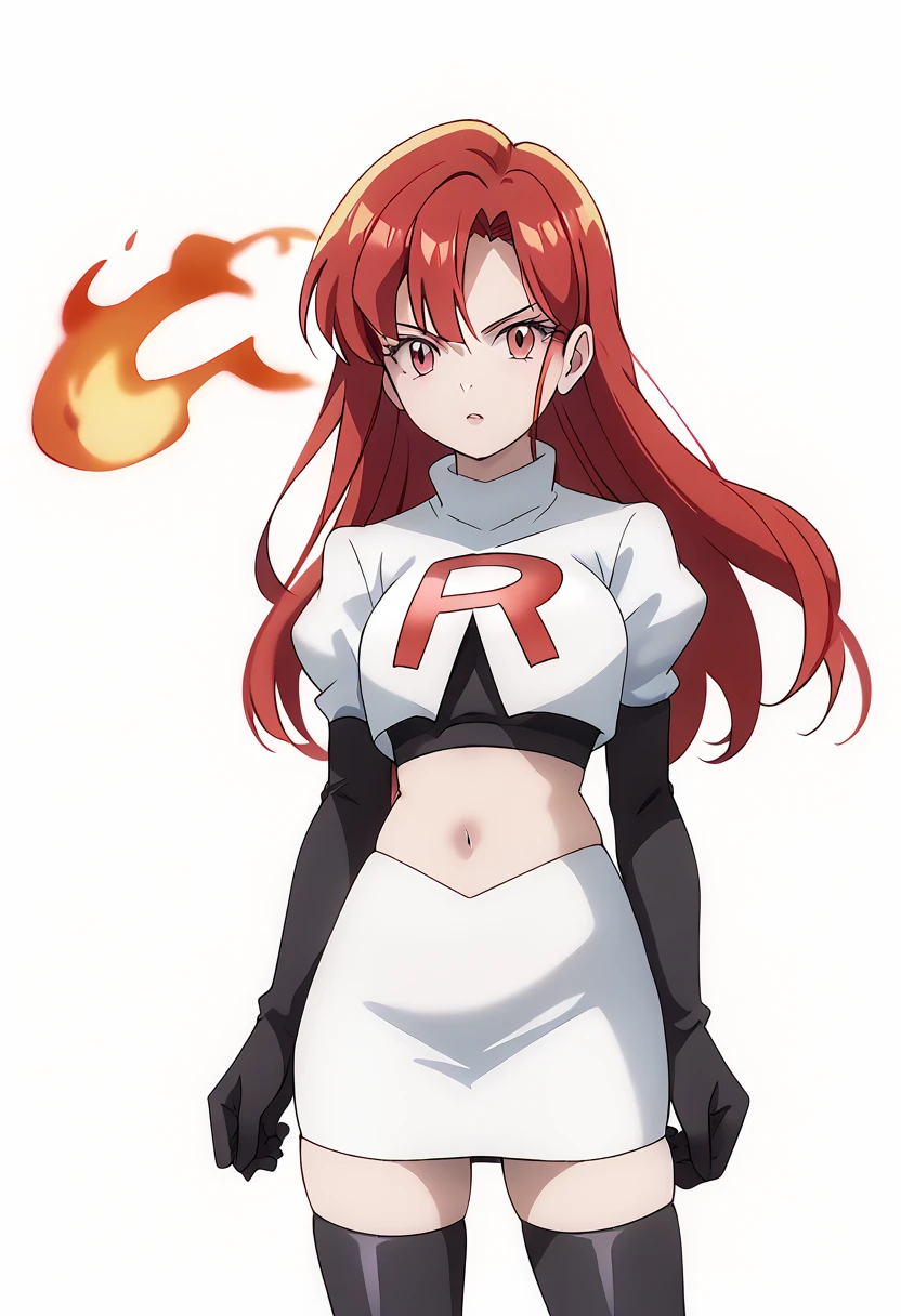 score_9_up,score_8_up,score_7_up,DL_MS,1girl,solo,fire,long hair,red hair,pink eyes,white_background,simple_background,team rocket,team rocket uniform,white skirt,red letter R,crop top,black thigh-highs,black elbow gloves, cowboy_shot,