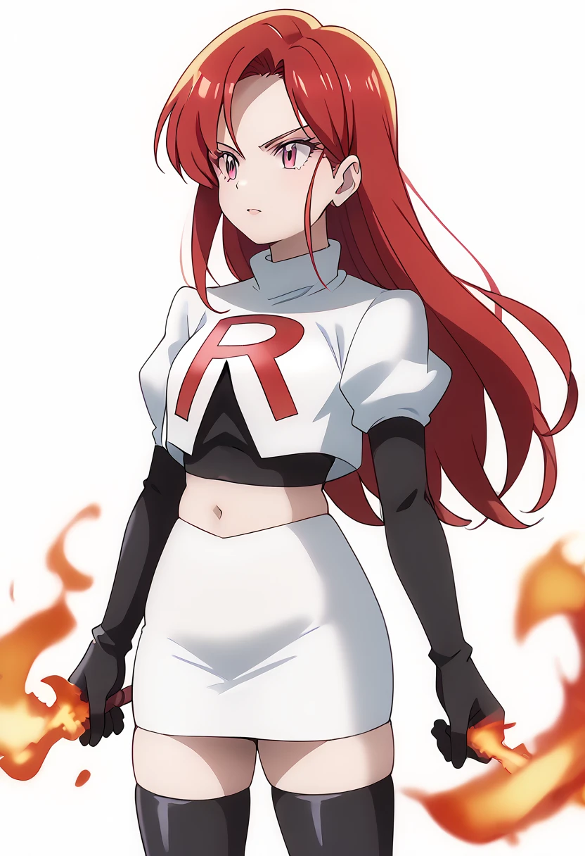 score_9_up,score_8_up,score_7_up,DL_MS,1girl,solo,fire,long hair,red hair,pink eyes,white_background,simple_background,team rocket,team rocket uniform,white skirt,red letter R,crop top,black thigh-highs,black elbow gloves, cowboy_shot,