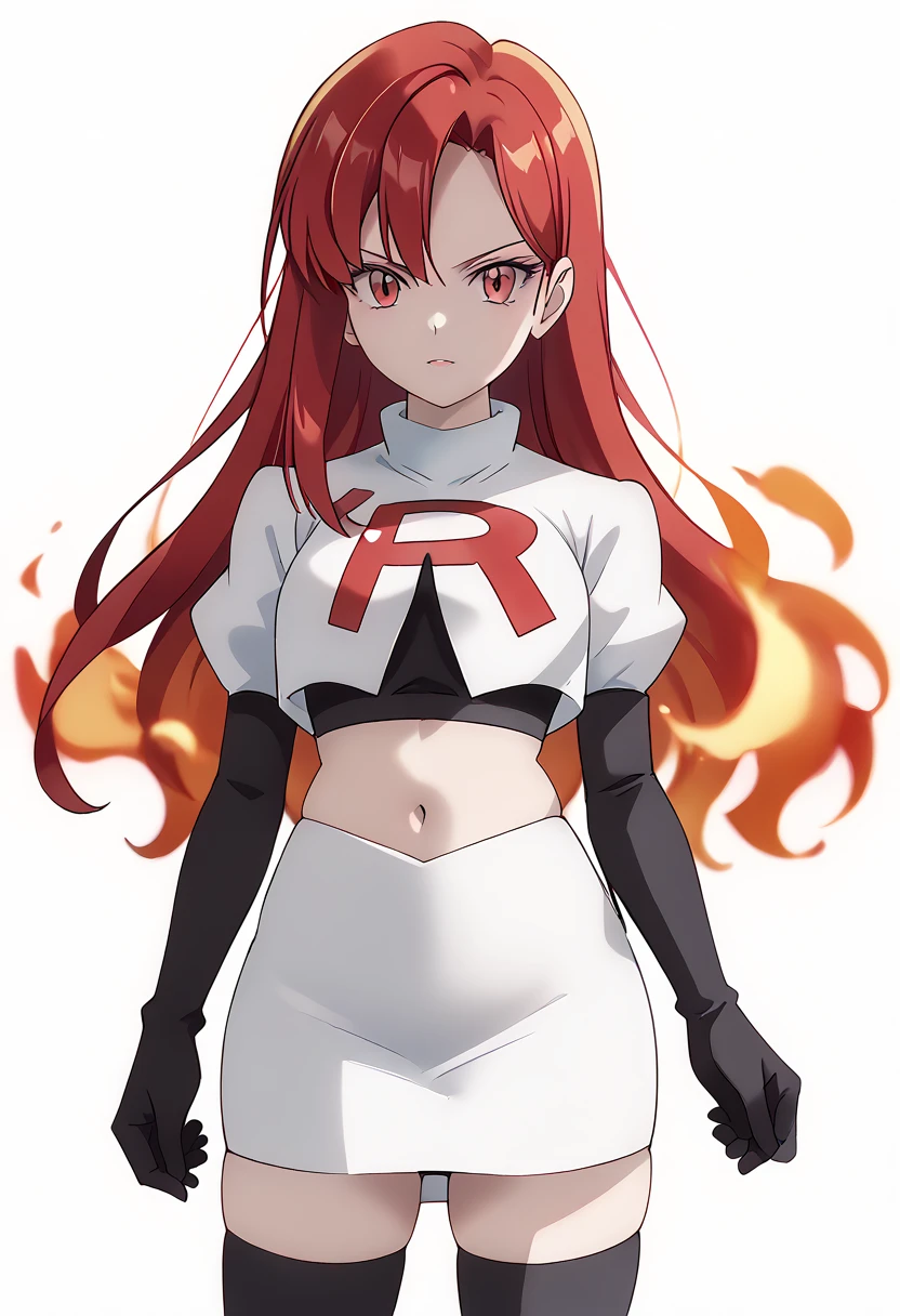 score_9_up,score_8_up,score_7_up,DL_MS,1girl,solo,fire,long hair,red hair,pink eyes,white_background,simple_background,team rocket,team rocket uniform,white skirt,red letter R,crop top,black thigh-highs,black elbow gloves, cowboy_shot,