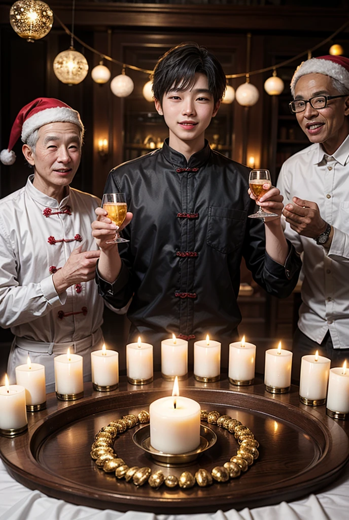 Create a Christmas and happy new year 2025
Warm wishes
Clossy background
5 Chinese man in the photo
Candles in middle
Room with only light from candles