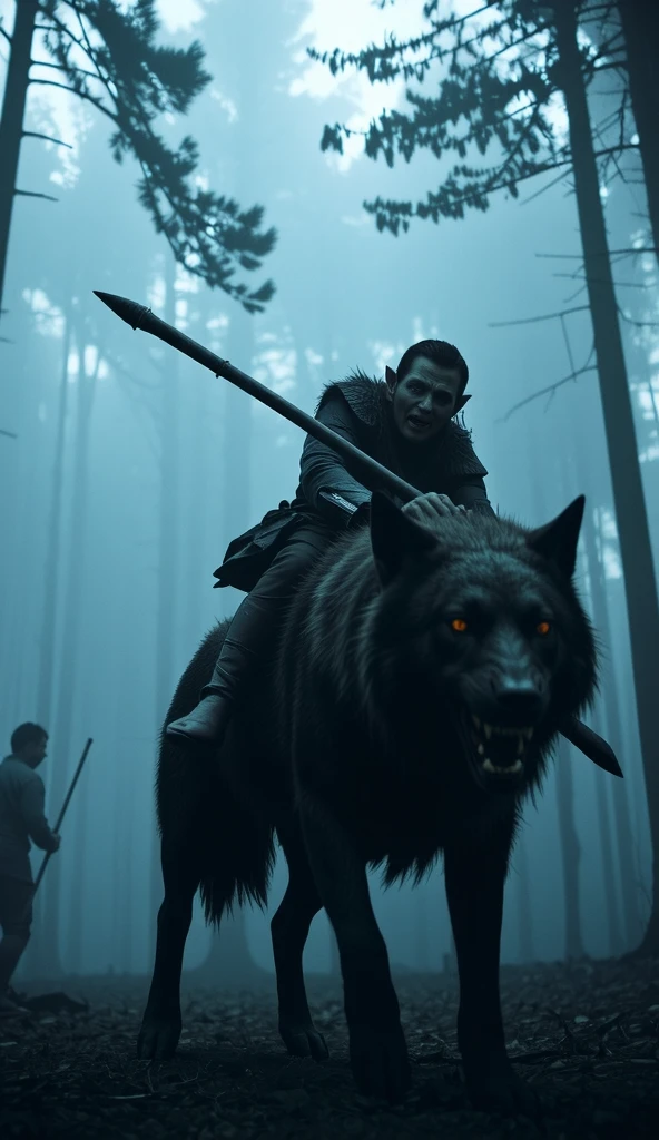 cinematic shot, intimidating and tenebrous goblin riding a giant wolf, goblin dressed in rough, tattered clothing with dark, menacing armor, giant wolf with a fierce, muscular build and glowing yellow eyes, cinematic lighting with deep shadows and harsh highlights, dense, foggy forest with tall trees and mist swirling around, wide-angle shot, Canon EOS R5, 8k, ultra detailed, high resolution, volumetric fog, film grain, motion blur, hyperrealistic, skin texture, bokeh, intricate details, the goblin has a small but muscular frame, dark green skin with a sinister tone, sharp, angular features, and a fierce, determined expression, the giant wolf is powerful and agile, its fur is matted and battle-scarred, the forest is thick with fog, creating a mysterious and eerie atmosphere, the lighting is cold and dramatic, casting long, deep shadows and highlighting the goblin's and wolf's movements, the scene is filled with a sense of tension and foreboding, the goblin's eyes are intense and glowing, adding to the menacing presence