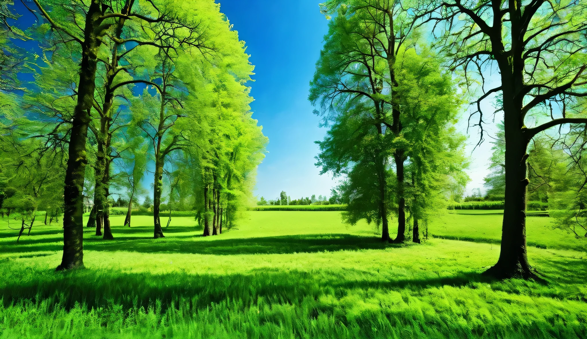 green inland with blue sky & trees