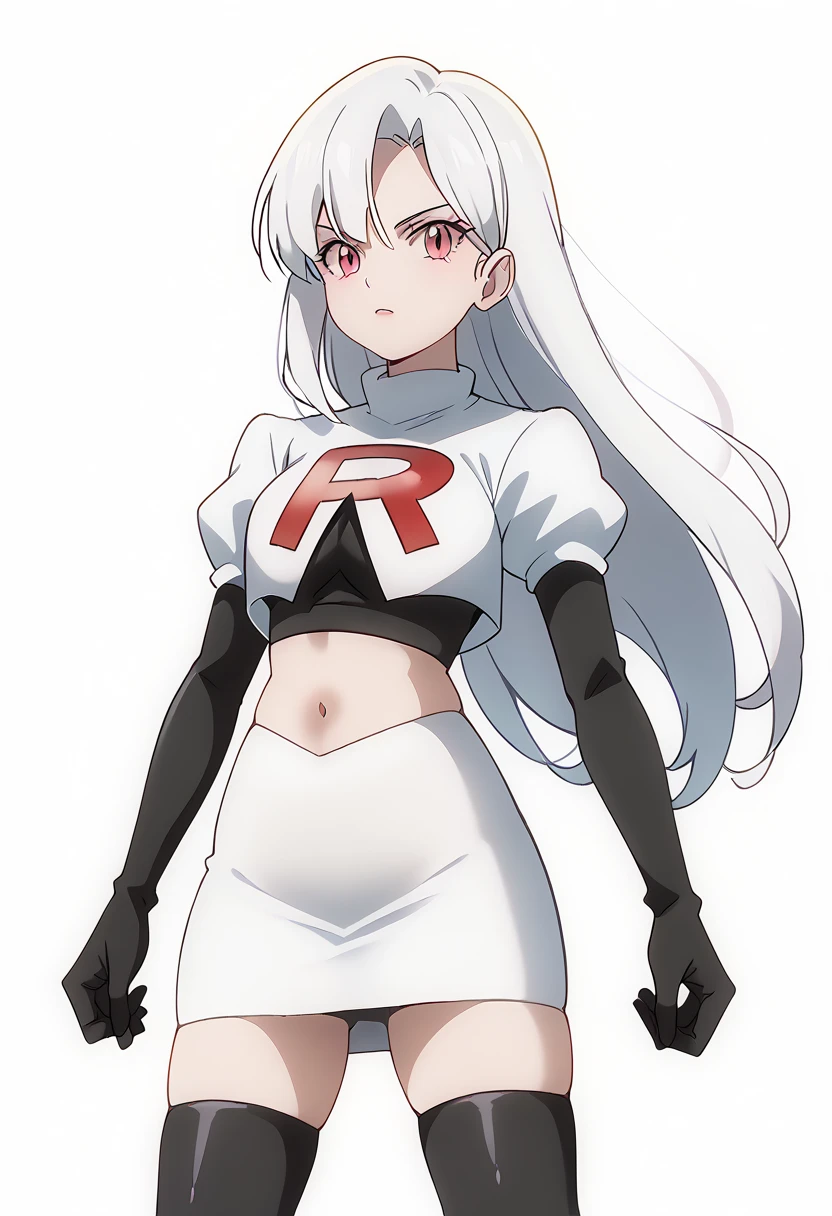 score_9_up,score_8_up,score_7_up,DL_MS,1girl,solo,white hair,looking at viewer,long hair,pink eyes,cowboy_shot,white_background,simple_background,team rocket,team rocket uniform,white skirt,red letter R,crop top,black thigh-highs,black elbow gloves