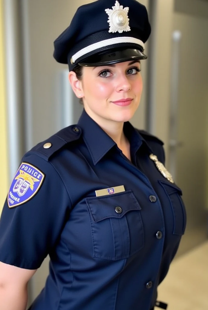 masterpiece, high quality, portrait, half body, close up, solo, AlisonBrie, wearing a blue police uniform and police hat, brown hair, red lipstick, night, downtown, sexy pose, [( muted colors, soft light, bloom, film grain, 85mm, focus ):8], <lora:AlisonBrie:1>