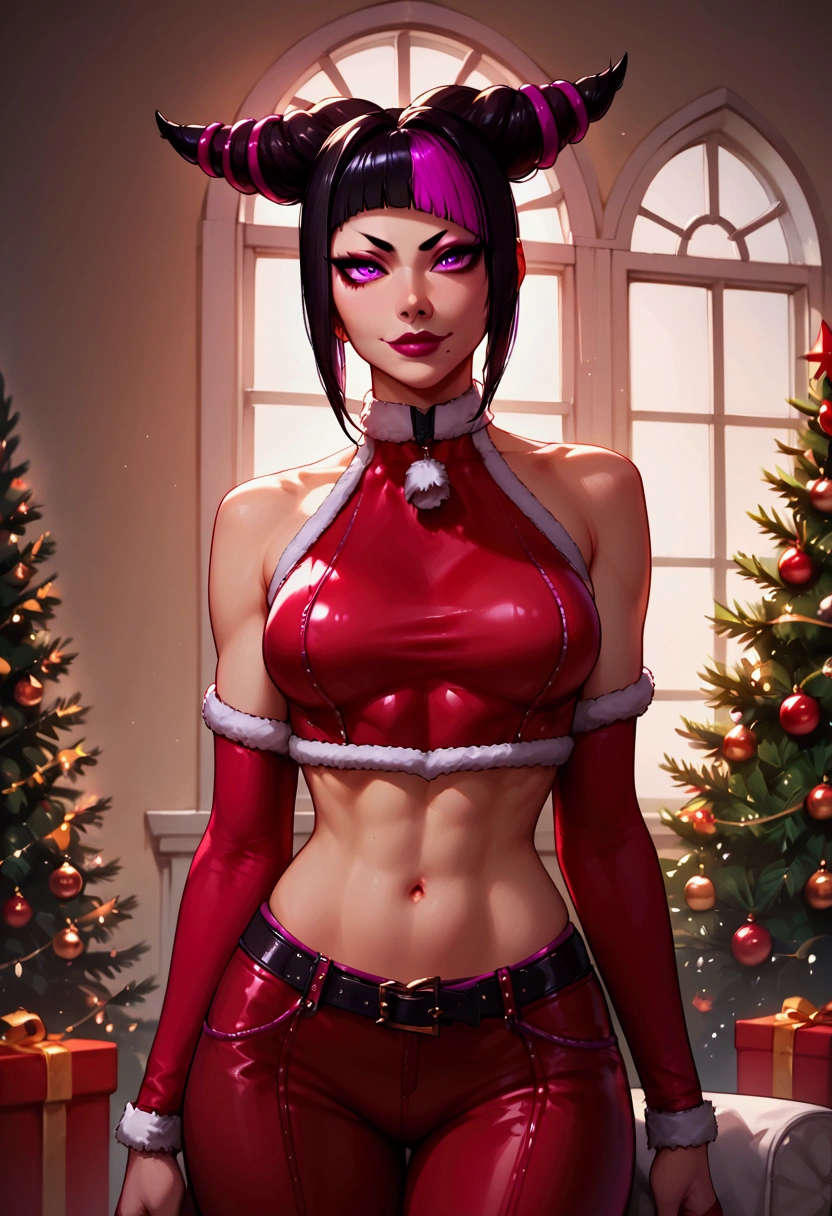 score_9, score_8_up, score_7_up, score_6_up, score_5_up, score_4_up, solo, 1girl, Juri Han, black hair, multicolored hair,streaked hair, makeup, lipstick, purple eyes, detailed eyes, sexy smirk, Christmas (((wearing a sexy Santa outfit, under the Christmas tree, exposed midriff)), detailed, front view shot, Christmas, peaceful, detailed, sexy