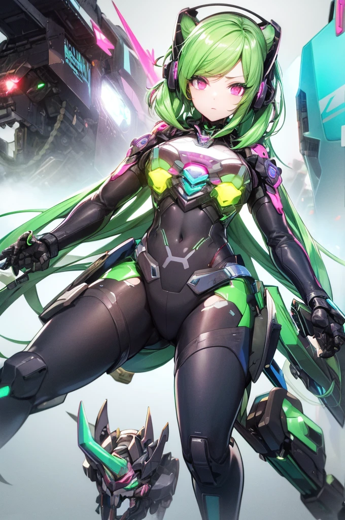 Robot Girl、Emerald green hair、Long Hair、Blue Eyes、Mechanical Arm、Mechanical legs、Flying in the sky