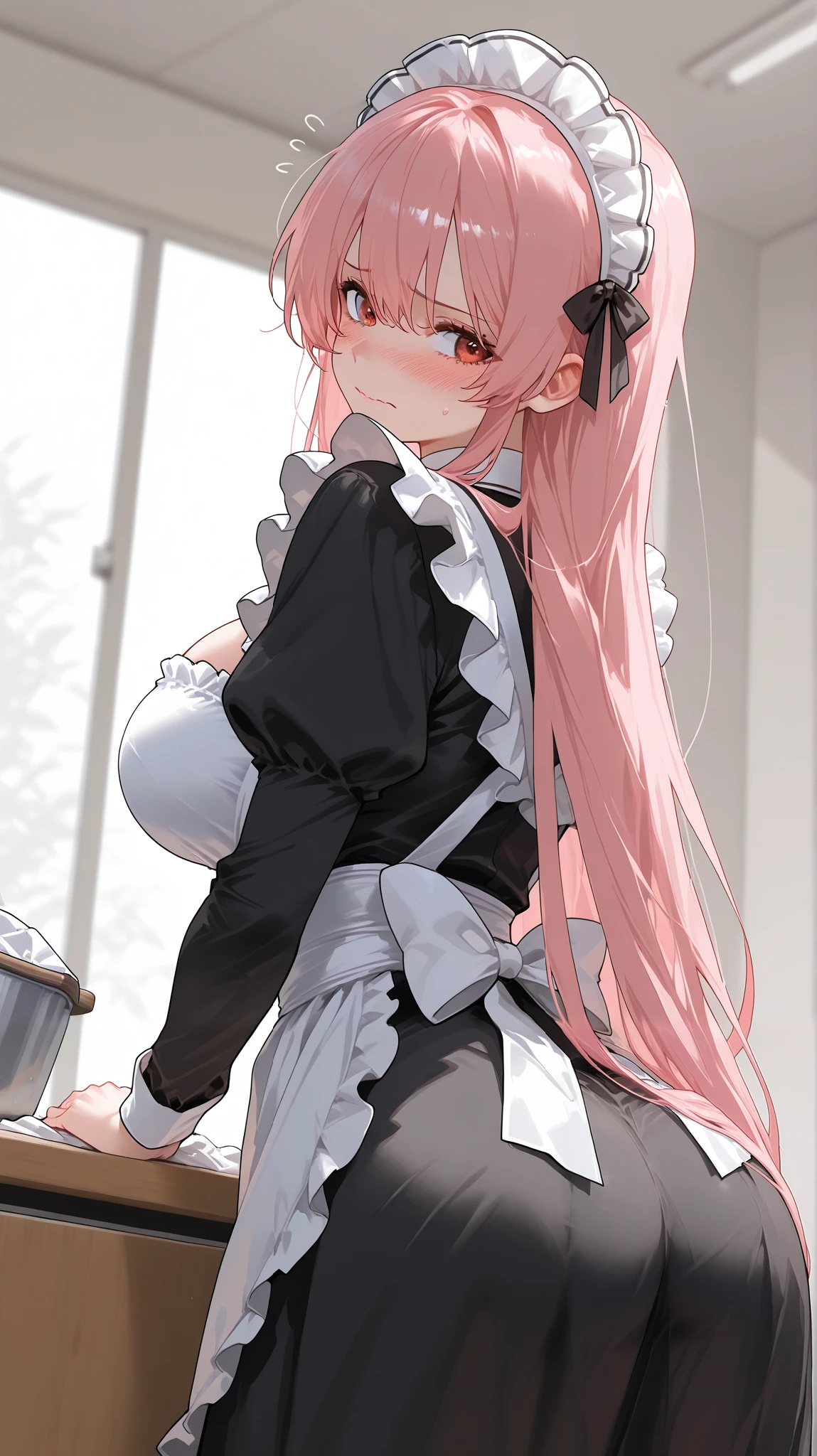 1girl, Solo, Accurate, HD, Very Long Hair, Pink Hair, Large breasts, Embarrassed, From Behind, wearing maid outfit, cleaning table
