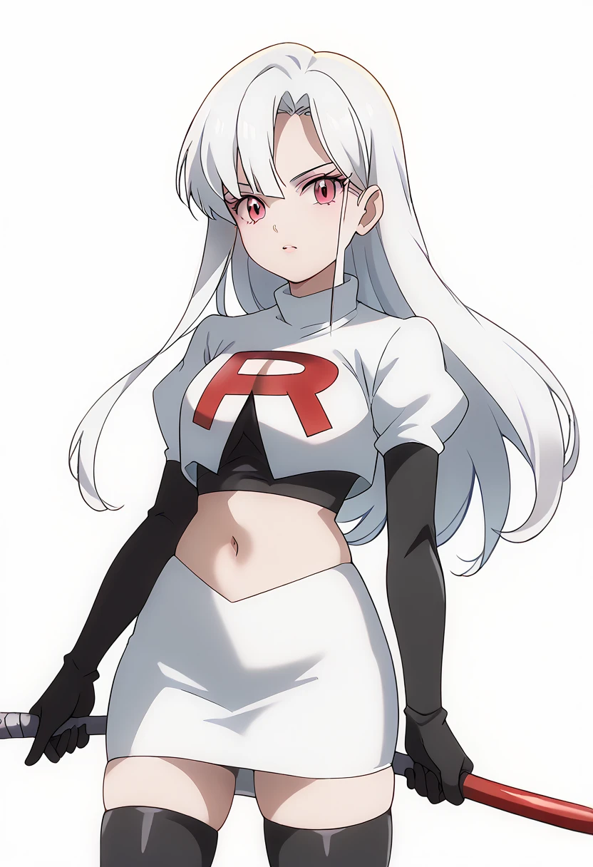 score_9_up,score_8_up,score_7_up,DL_MS,1girl,solo,white hair,looking at viewer,long hair,pink eyes,cowboy_shot,white_background,simple_background,team rocket,team rocket uniform,white skirt,red letter R,crop top,black thigh-highs,black elbow gloves