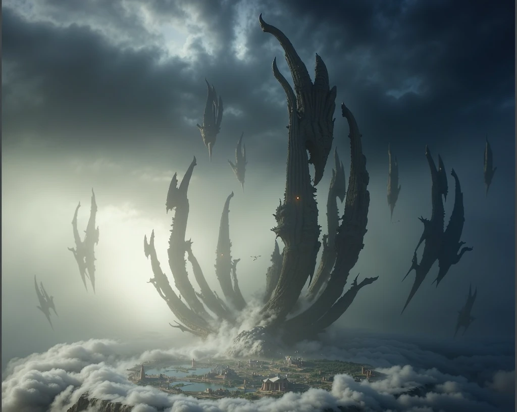 A digital artwork depicting an eerie, blending ancient Indian architectural to futuristic scene with multiple floating fortress-like  structures rising from a dense layer of clouds covering a sprawling cityscape below. The central lotus shaped demonic ancient south indian golden vimama with intricate south Indian architecture is the most prominent, featuring jagged, sharp edges and intricate details resembling a massive mechanical claw or wing. This dark gray and black structure dominates the composition, with its complex network of platforms, arches, and vertical spires extending upwards and interconnected by walkways. Surrounding this main structure are several smaller, similarly designed vimans/ships or cities, appearing fragmented and partially transparent, which add depth to the scene. These floating spaceships vary in size and shape, some appearing more organic than others, creating a sense of vastness and complexity. The background features a dramatic sky filled with swirling clouds illuminated by soft light emanating from the left side, casting shadows and highlights across the landscape. The color palette consists of cool tones such as dark grays, midnight blues, and misty whites, enhancing the mysterious atmosphere. The overall mood is ominous and otherworldly, emphasized by the high contrast between the illuminated areas and the deep shadows, the stark silhouettes against the bright backdrop, and the surreal arrangement of the floating structures.