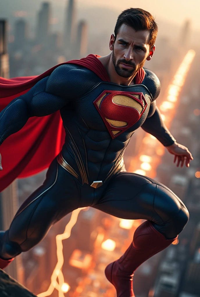 messi as superman, with an undercut haircut combed back, short beard:2.0,(masterpiece:1.2, Exceptional Quality, Mirror-like, Cinematic Experience, Best illustrations:2.0), Ultra-high resolution, Very detailed, 8k, wallpaper, (Super sexy man:0.5), (Super muscular:2.0), (c3v4n4:2.0), (looking at camera:2.0), (Muscular Chest:2.0), (Elegant body:2.0), (Beautiful Eyes, Shining eyes, Detailed face, small beard, Beautiful skin texture:1.3, undercut haircut:1.3), (Beautiful male hands:2.0), (Fine hand:2.0), (in mid-flight superhero pose:2.0), (Wearing a Superman suit:2.0), (on city rooftop edge, In the background a cityscape and intense electrical discharges:2.0), (Super sexy:2.0), (Very muscular thighs:2.0), (Super functional:2.0), (Cyberpunk:2.0), (SF:2.0), (Visual Effects:2.0), (Upper body close-up:2.0), (dynamic:2.0), (Serious:2.0)
