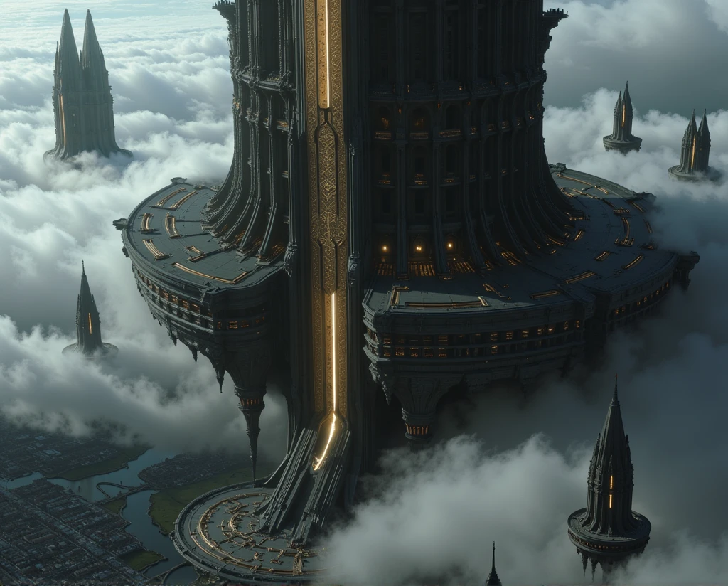 A digital artwork depicting an eerie, blending ancient Indian architectural to futuristic scene with multiple floating fortress-like structures rising from a dense layer of clouds covering a sprawling cityscape below. The central lotus shaped demonic ancient south indian golden vimama with intricate south Indian architecture is the most prominent, featuring jagged, sharp edges and intricate details resembling a massive mechanical claw or wing. This dark gray and black structure dominates the composition, with its complex network of platforms, arches, and vertical spires extending upwards and interconnected by walkways. Surrounding this main structure are several smaller, similarly designed vimans/ships or cities, appearing fragmented and partially transparent, which add depth to the scene. These floating spaceships vary in size and shape, some appearing more organic than others, creating a sense of vastness and complexity. The background features a dramatic sky filled with swirling clouds illuminated by soft light emanating from the left side, casting shadows and highlights across the landscape. The color palette consists of cool tones such as dark grays, midnight blues, and misty whites, enhancing the mysterious atmosphere. The overall mood is ominous and otherworldly, emphasized by the high contrast between the illuminated areas and the deep shadows, the stark silhouettes against the bright backdrop, and the surreal arrangement of the floating structures.