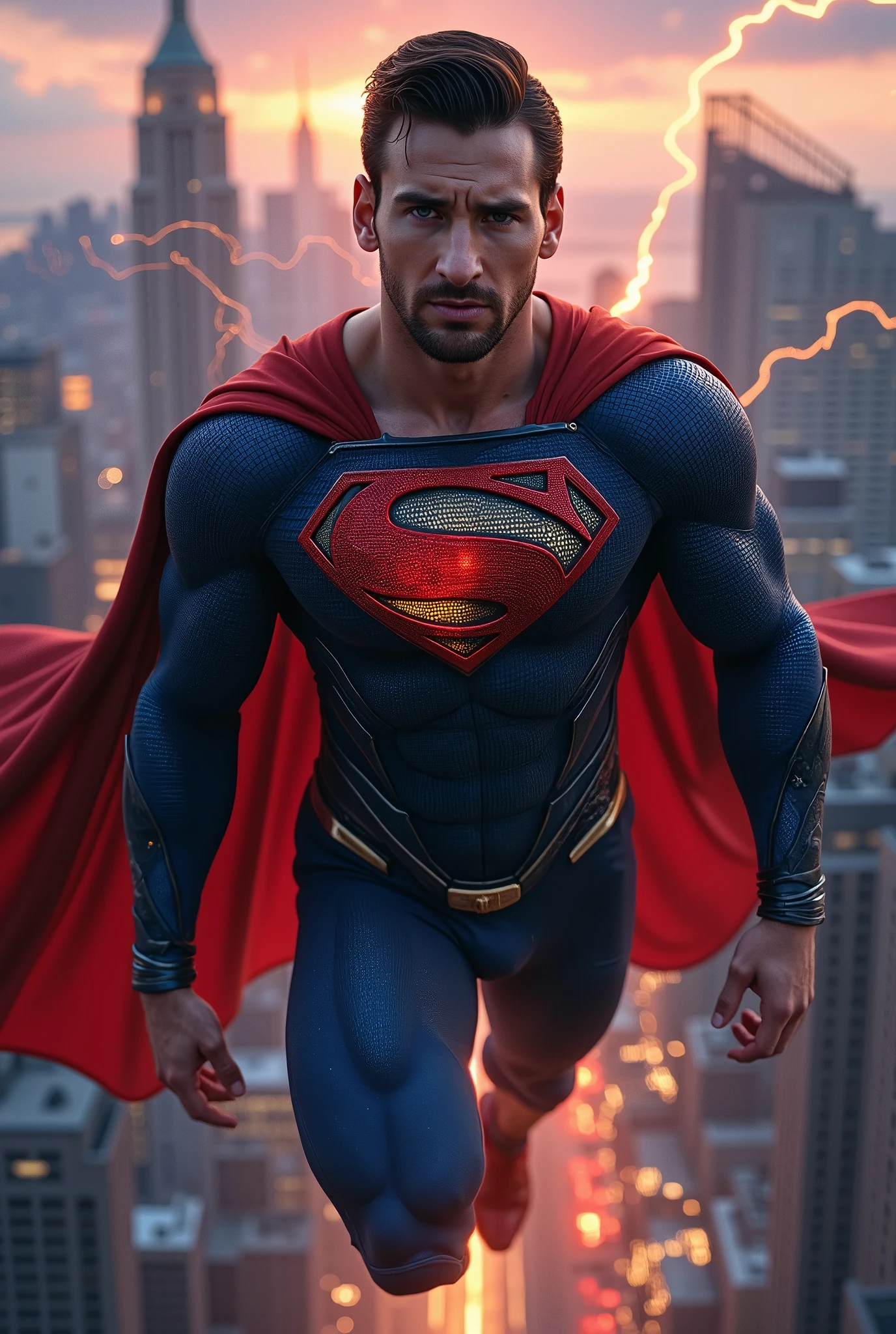 messi as superman, with an undercut haircut combed back, short beard:2.0,(masterpiece:1.2, Exceptional Quality, Mirror-like, Cinematic Experience, Best illustrations:2.0), Ultra-high resolution, Very detailed, 8k, wallpaper, (Super sexy man:0.5), (Super muscular:2.0), (c3v4n4:2.0), (looking at camera:2.0), (Muscular Chest:2.0), (Elegant body:2.0), (Beautiful Eyes, Shining eyes, Detailed face, small beard, Beautiful skin texture:1.3, undercut haircut:1.3), (Beautiful male hands:2.0), (Fine hand:2.0), (in mid-flight superhero pose:2.0), (Wearing a Superman suit:2.0), (on city rooftop edge, In the background a cityscape and intense electrical discharges:2.0), (Super sexy:2.0), (Very muscular thighs:2.0), (Super functional:2.0), (Cyberpunk:2.0), (SF:2.0), (Visual Effects:2.0), (Upper body close-up:2.0), (dynamic:2.0), (Serious:2.0)
