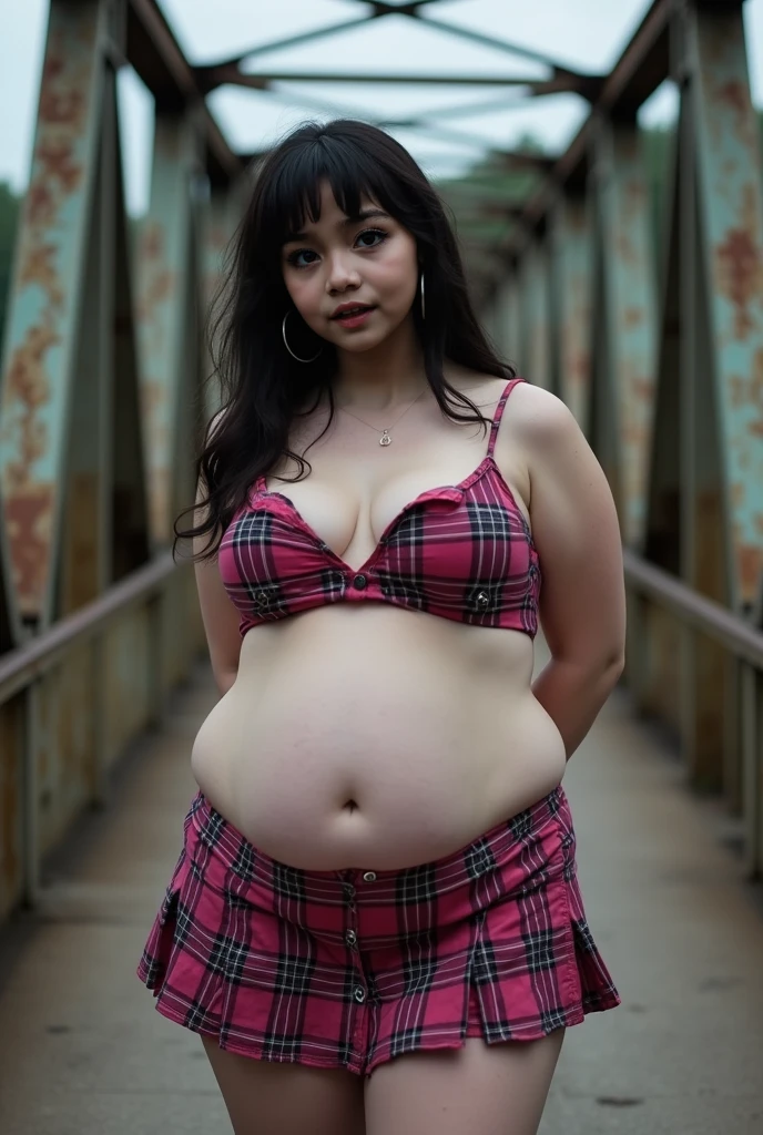 a taiwanese wife，Wear a windbreaker jacket，fair skin，Big ，Large areola，Small Eyes，Wearing a black collar around the neck，Three-point swimsuit，No underwear，pregnant，Wear fishnet stockings，High heel，full-body shot，Take a walk in the park，8k，Taiwanese style