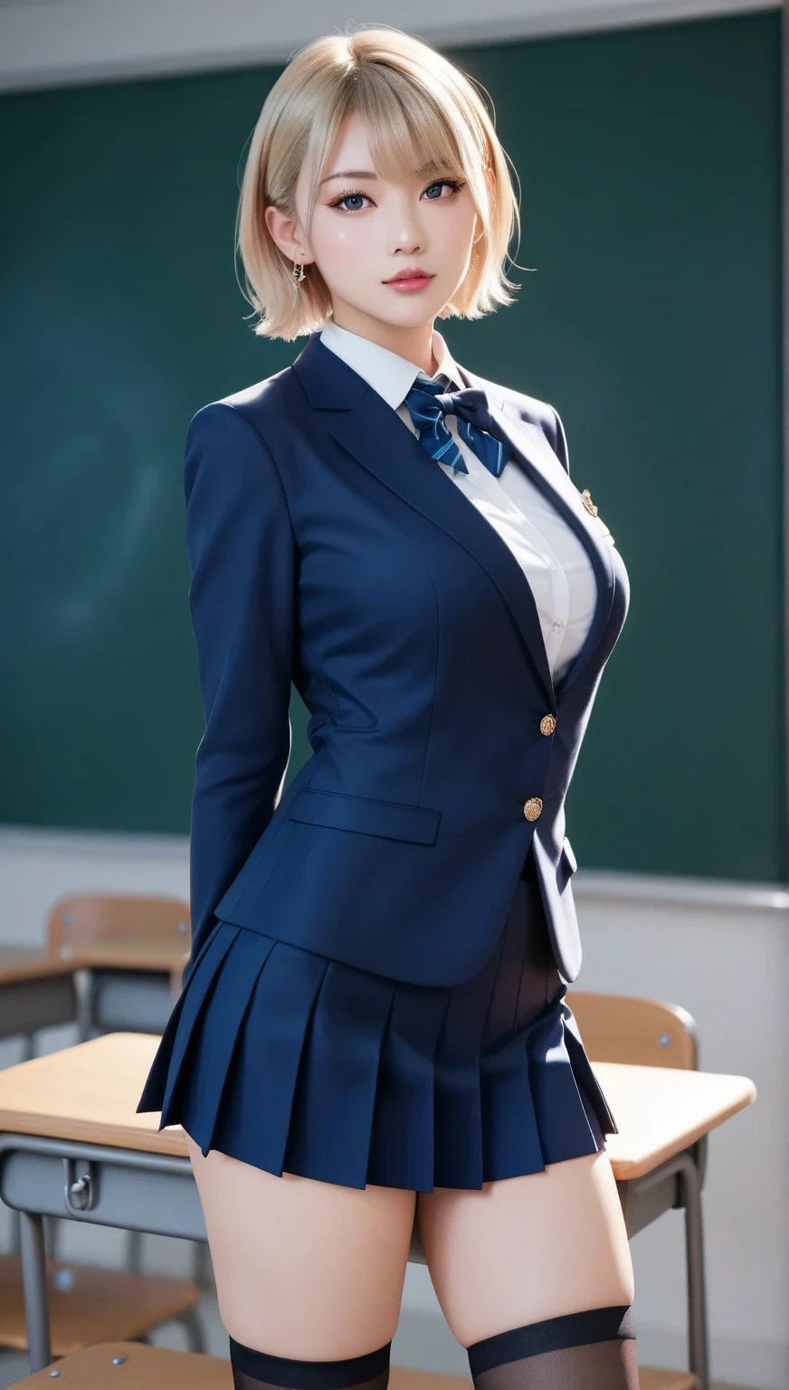 Super detailed, She wears a fitted blazer、 short hair, Silky blonde hair , Her hands are behind her back、 blazer,  mini pleated skirt,  black socks . Whiplump thighs 、 big breasts、 She's staring , And a confident and graceful attitude,  and a confident, graceful attitude  . She's standing upright in the classroom , She is posed in a classroom. Superb level of detail、Contains soft steam and light mist,. The atmosphere includes、Emphasis on her elegant posture、 contains soft steam or light haze.  Ultra Fine, 32k resolution,  She wears a modern school uniform ,  Hausmo style .