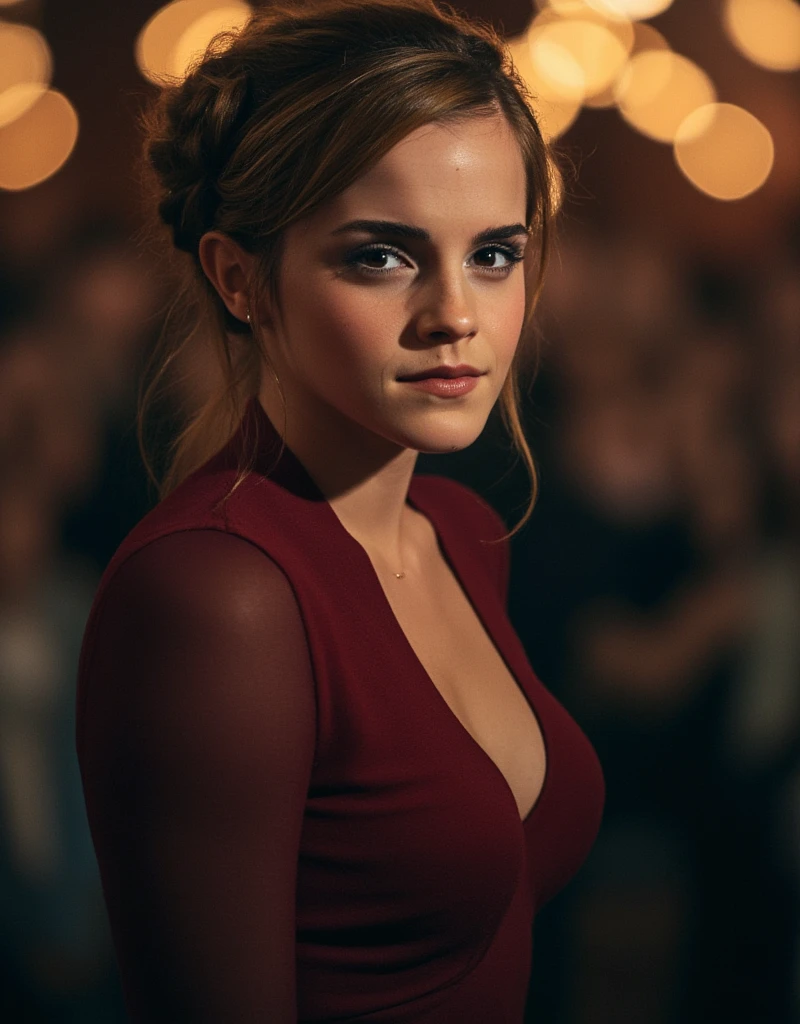 A striking photography of Emma Watson, 1 woman, masterpiece, best quality, ultra-detailed, solo, A stunning 25-year-old woman with medium, bright brown hair tied in a messy bun is 1.67 metros de altura. Her proportionate body is a work of art and her brown hair adds to her seductive charm., your penetrating gaze is captivating. She is in the theatre, at night , thin body