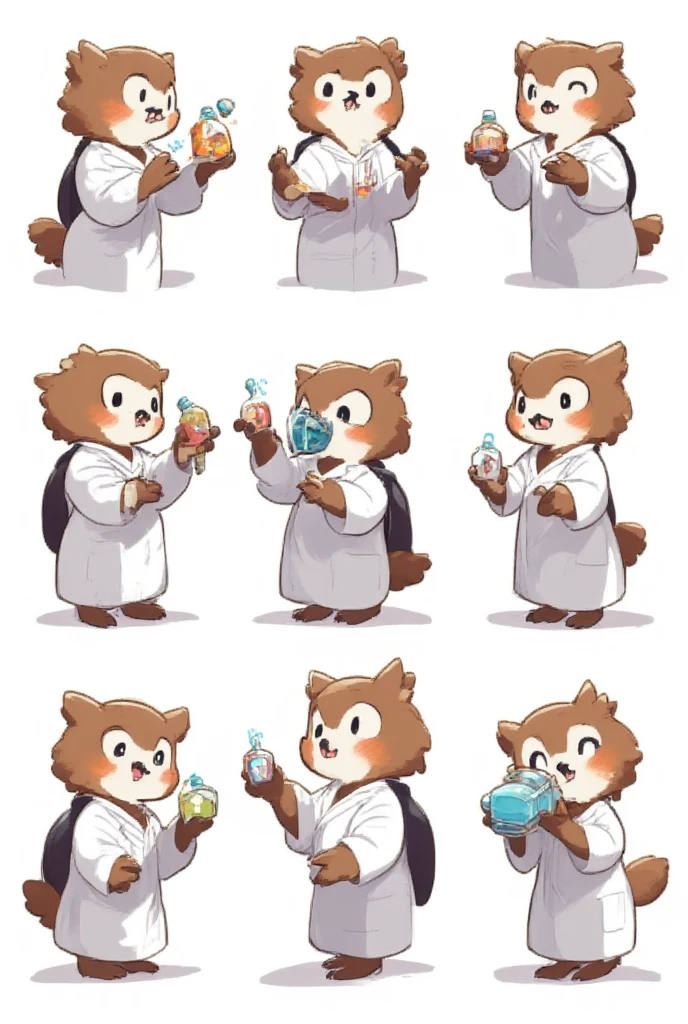 An owl anesthesiologist named Som, maintaining its signature wise and professional personality.The character is shown performing eight different actions, all while looking directly at the camera: Holding a syringe with a confident smile, preparing for a procedure. Gesturing reassuringly with one wing, as if calming a patient. Sitting at a desk, writing notes on a clipboard with focus. Holding an oxygen mask, demonstrating its use with a gentle expression. Giving a thumbs-up gesture with a cheerful and encouraging look. Using a stethoscope to listen, showing attentiveness. Holding a vial of medicine up to the light, inspecting it carefully. Standing with wings open wide, as if presenting or welcoming, exuding calm confidence and professionalism. The background is pure white, ensuring the character is the main focus.