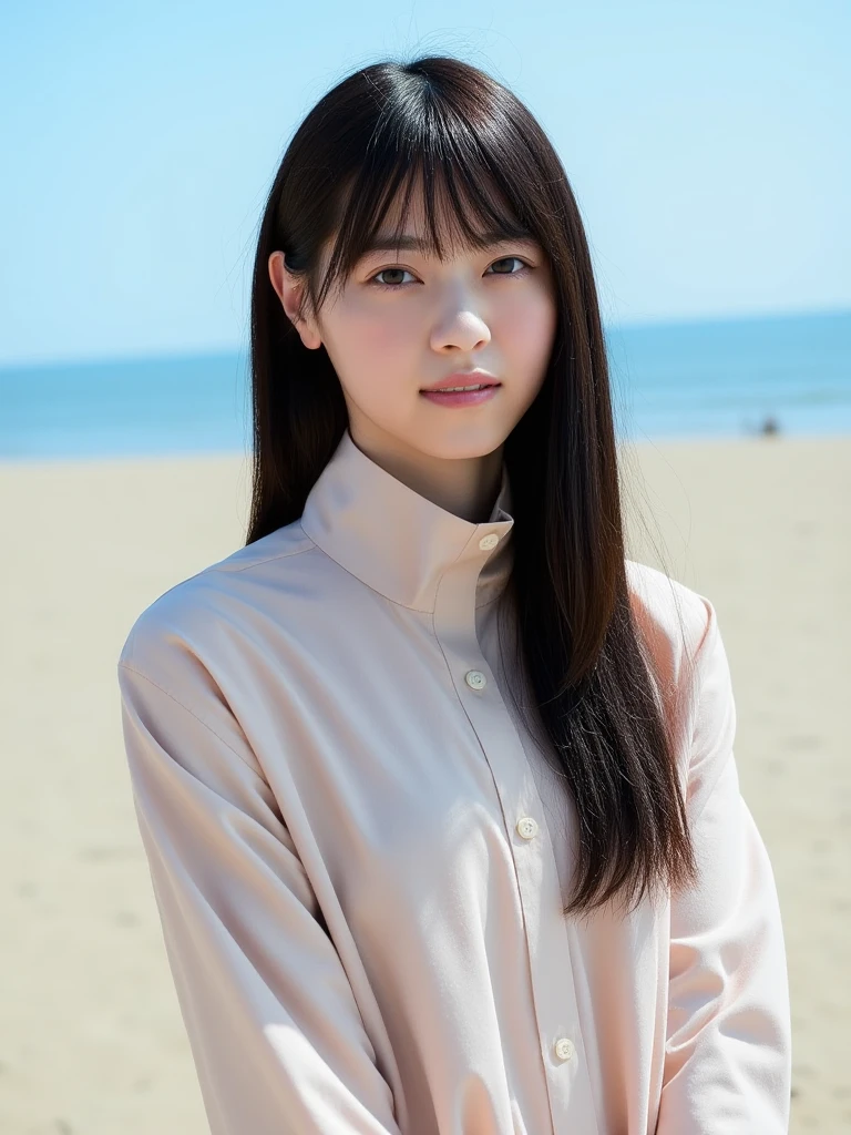   blue sky、 sandy beach、beautiful japanese girl.very detailed, ,on ripping her shirt,  a shirt that is perfect for the skin, (Big Breasts,   boobs so huge and 、Seductive erotic woman with , black Hair),  Her Nipples Stand ,  focus on the face, Complex eyes,