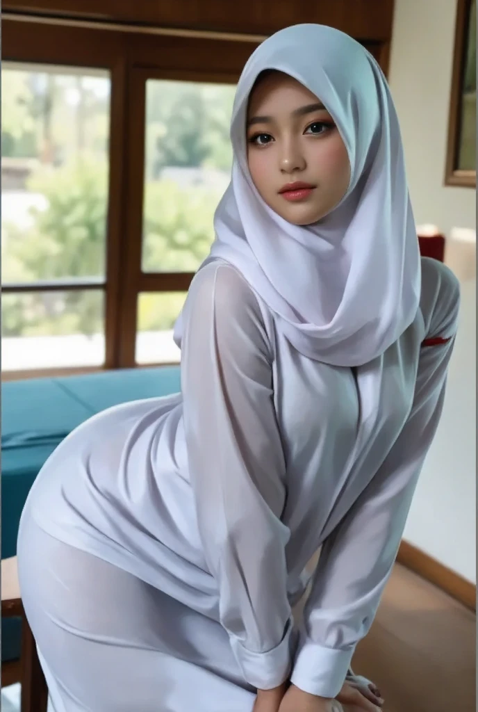Young beautiful sweet sundanese Bogor city girl, twenty five years old, slim body, very georgeus face, wearing wet white thin hijab, all her hairs and ears covered under her hijab, wearing very wet white very thin strict see through very transparent one layer Indonesian gamis, no underwears, no panty, no bra, standing lean to the wall, all her body are wet, shivering very limp as being having sex in the hard rain on the Bogor city street side walk, rain drops visible, waters flowing down through all the thing, all her naked body and her dense hairy very wet vagina exposed visible through her gamis, enjoying being having sex orgasm redish face, open wide mouth, head being limp backwards, being take a deep breath hardly through her mouth, half closed eyes, her eyes turn upwards, realistic normal fingers, wearing wet glasses, wearing expencive high heels, carrying an expencive hand bag, semi naked, semi nude,