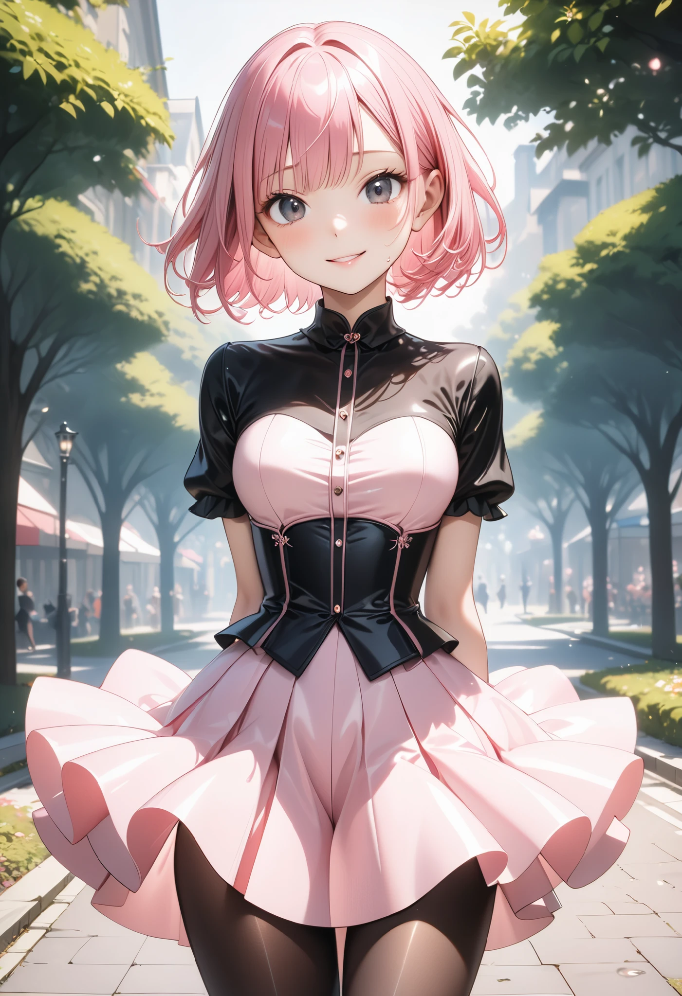 ((formal One-piece dress))), (Pleated skirt), Gloss Outfit, skinny, solo, 1 woman, Masterpiece, highest quality, highest quality, 16K, incredibly absurd, highly detailed, 2.5D, ai-generated, delicate and dynamic, very delicate facial expressions, delicate eye depiction, erotic, only sexy woman, ((A cute and kind face)), healthy figure, ((25-year-old woman)), 160cm tall, medium firm swaying bust, (short hair), (pink hair:1.5), bob cut, black eye, blush, Sweat,Embarrassed,sexy, ((thin thighs)), (camel toe:0.5), (visible nipples:0.8), (Erect nipples,:0.9), shiny and lustrous, facing straight at viewer, smile, (standing), cowboy shot, ((arm at side)), Large park, daytime, bright, on the grass, (((Pop colour outfit))), Three-color costume,