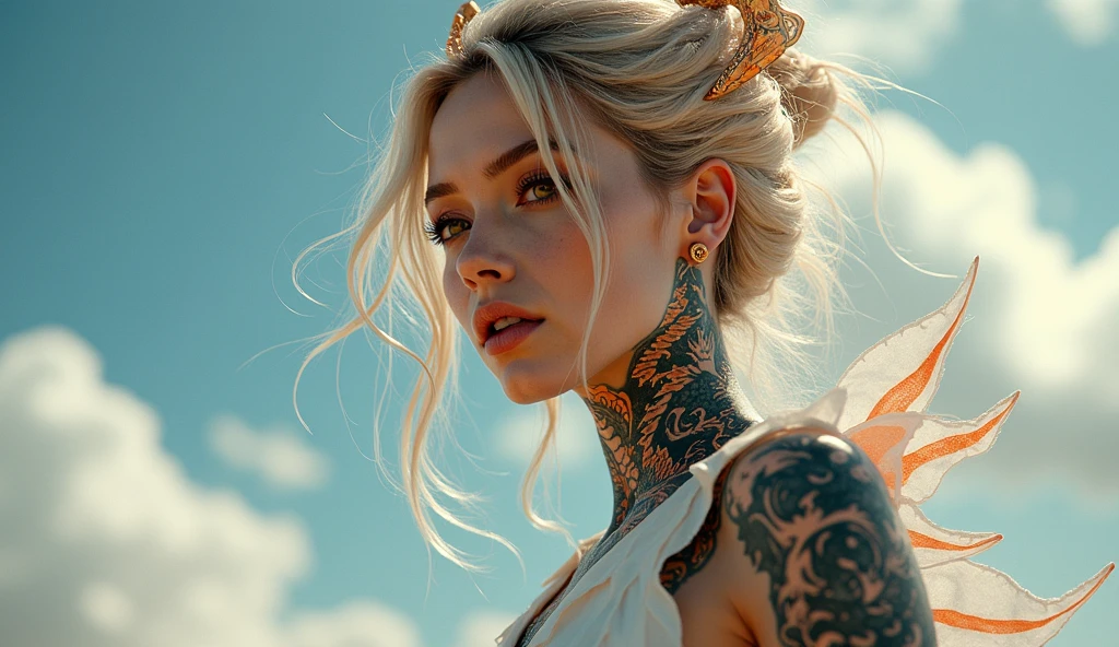 photo of pretty woman, 21 year old woman, (plain photography studio background:1.6), epiC35mm, film grain, (freckles:0.4), upper body shot, (red color plain background:1.6),, arm tattoo, full-body tattoo, tattoo, black bandeau, blond hair, <lora:epi_noiseoffset2:0.8> <lora:0220 nude tattoo_v2:0.5> <lora:Bandeau-fC-V1:1> <lora:realistic:0.8> <lora:lora_perfecteyes_v1_from_v1_160:0.8> photo of perfecteyes eyes, perfecteyes eyes