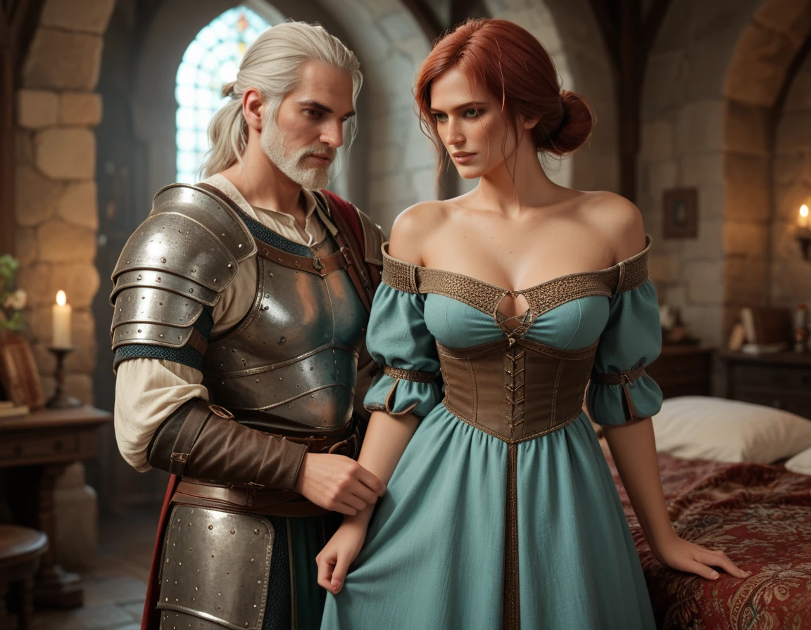 The Witcher, extremely detailed face, huge breasts, make-up, Triss merigold being embraced by Geralt of Rivia, illumination effect, covered nipples, freckles, (master piece), extremely detailed, gloves