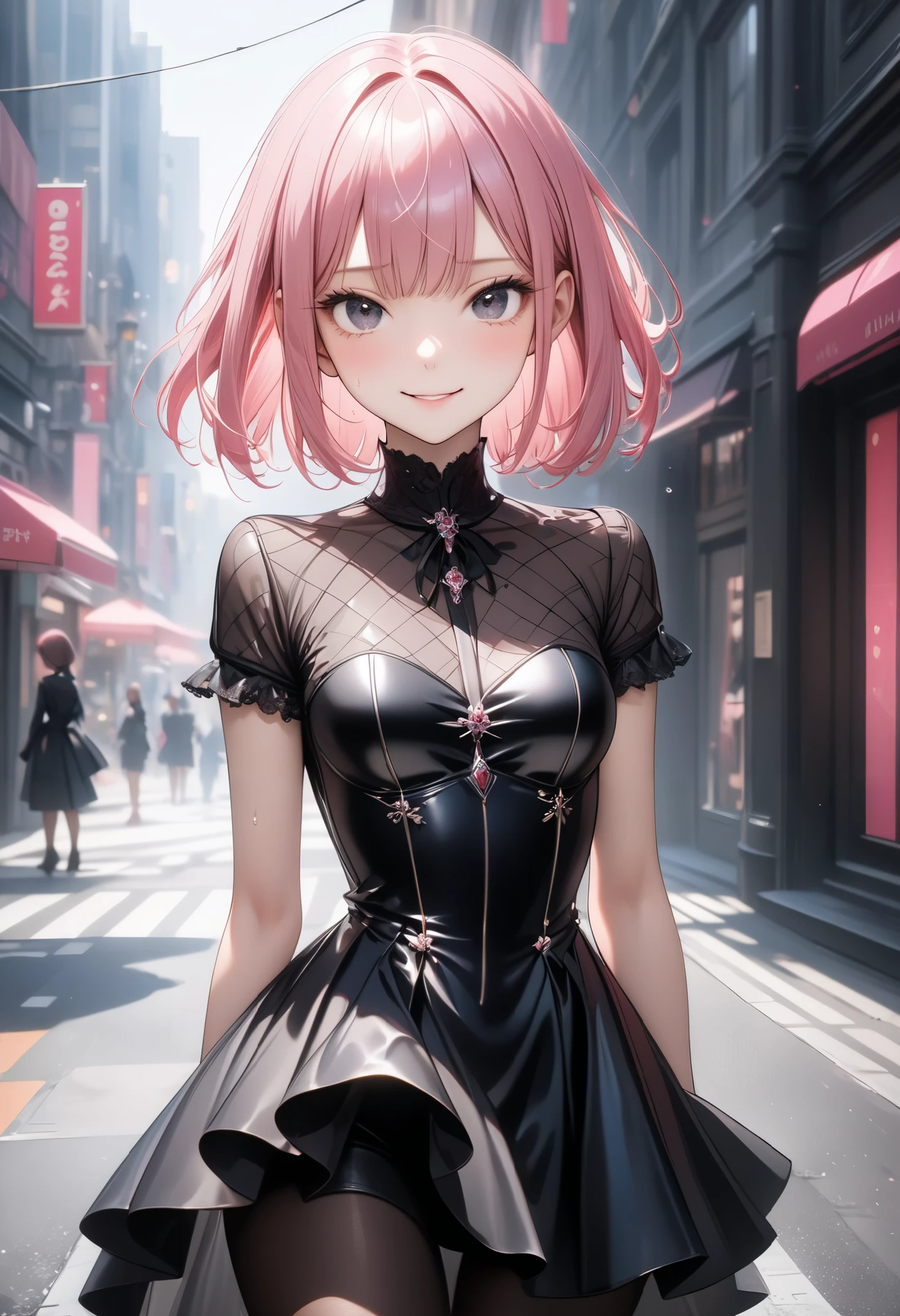 Anime girl in black dress walking down a city street - SeaArt AI