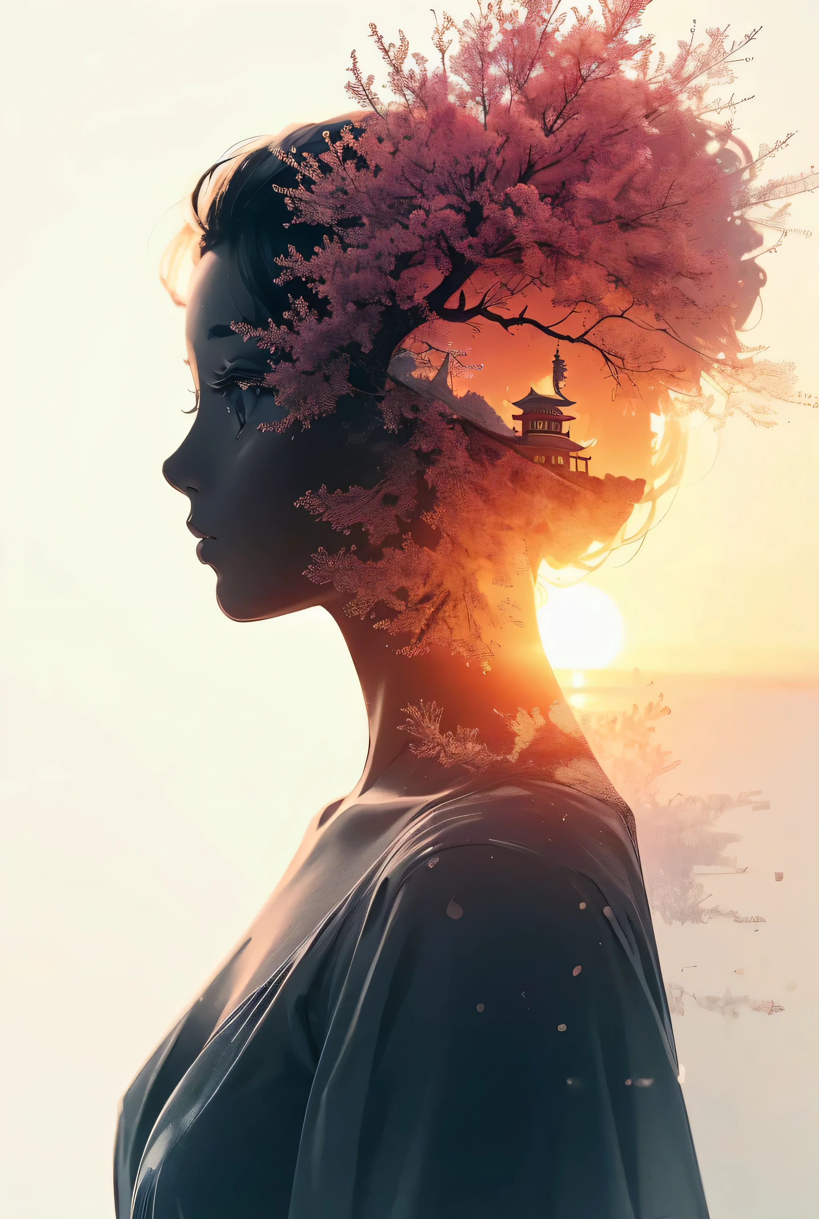 high quality, 8K Ultra HD, A beautiful double exposure that combines an goddess silhouette with sunset coast, sunset coast should serve as the underlying backdrop, with its details incorporated into the goddess , crisp lines, The background is monochrome, sharp focus, double exposure, by yukisakura, awesome full color,