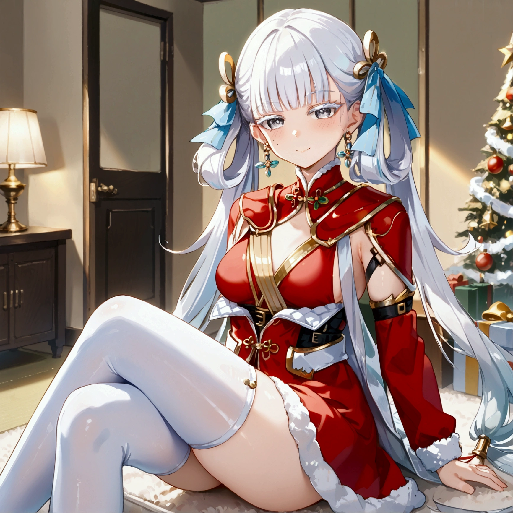 jinhsi, grey eyes, white eyelashes, mole, mole on cheek, earrings, blunt bangs, white hair, very long hair, hair rings, hair ornament, white bow, hair bow, low twintails, santa cosplay, Santa thighhighs, Sit, Room, Displeased face, Beautiful view, good atmosphere,