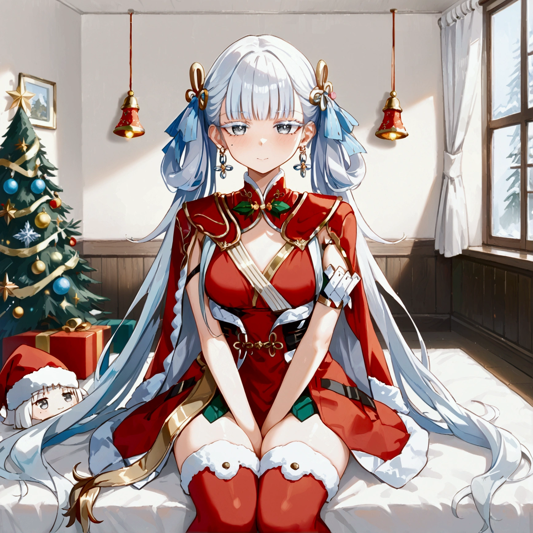 jinhsi, grey eyes, white eyelashes, mole, mole on cheek, earrings, blunt bangs, white hair, very long hair, hair rings, hair ornament, white bow, hair bow, low twintails, santa cosplay, Santa thighhighs, Sit, Room, Displeased face, Beautiful view, good atmosphere,