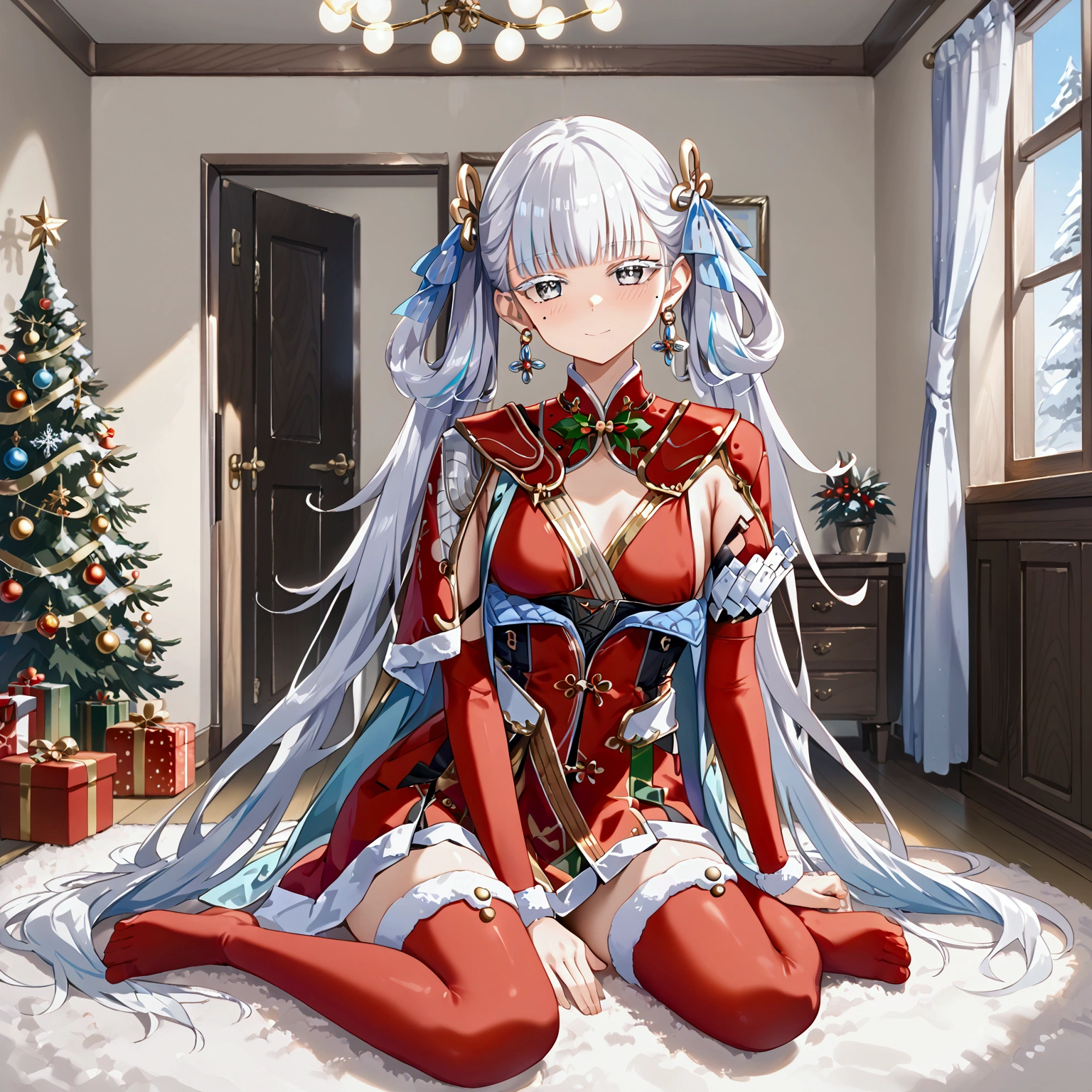 jinhsi, grey eyes, white eyelashes, mole, mole on cheek, earrings, blunt bangs, white hair, very long hair, hair rings, hair ornament, white bow, hair bow, low twintails, santa cosplay, Santa thighhighs, Sit, Room, Displeased face, Beautiful view, good atmosphere,