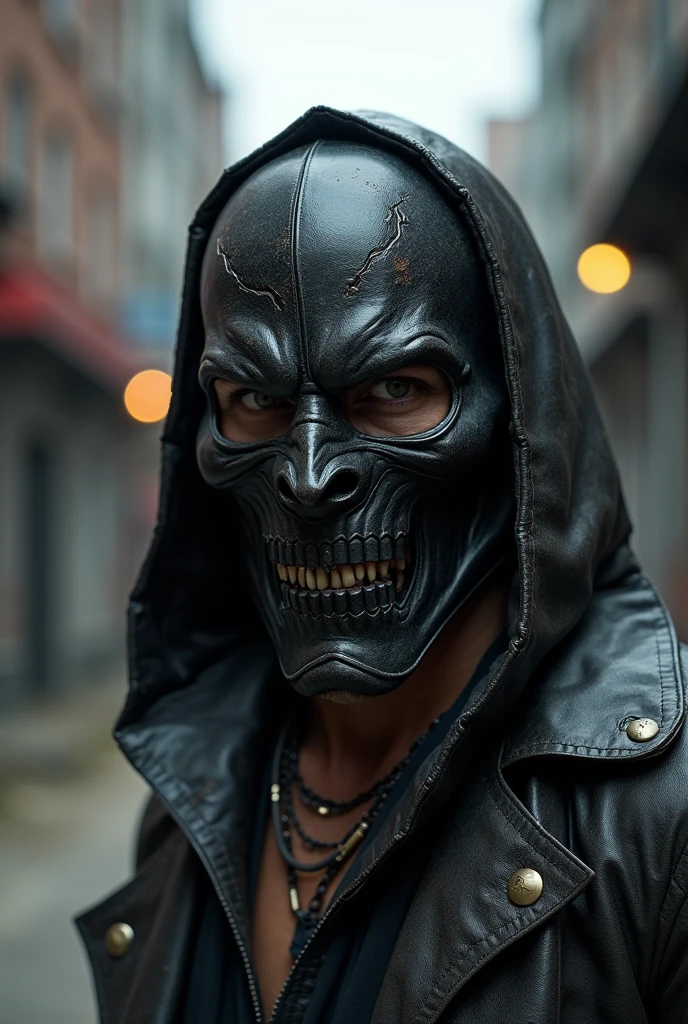 Male, large, red eyes, has a scary smile and sharp teeth. Black wolf cut hair, long hair, white skin, wears a black hoodie, wears a black mask to cover himself, stalker.