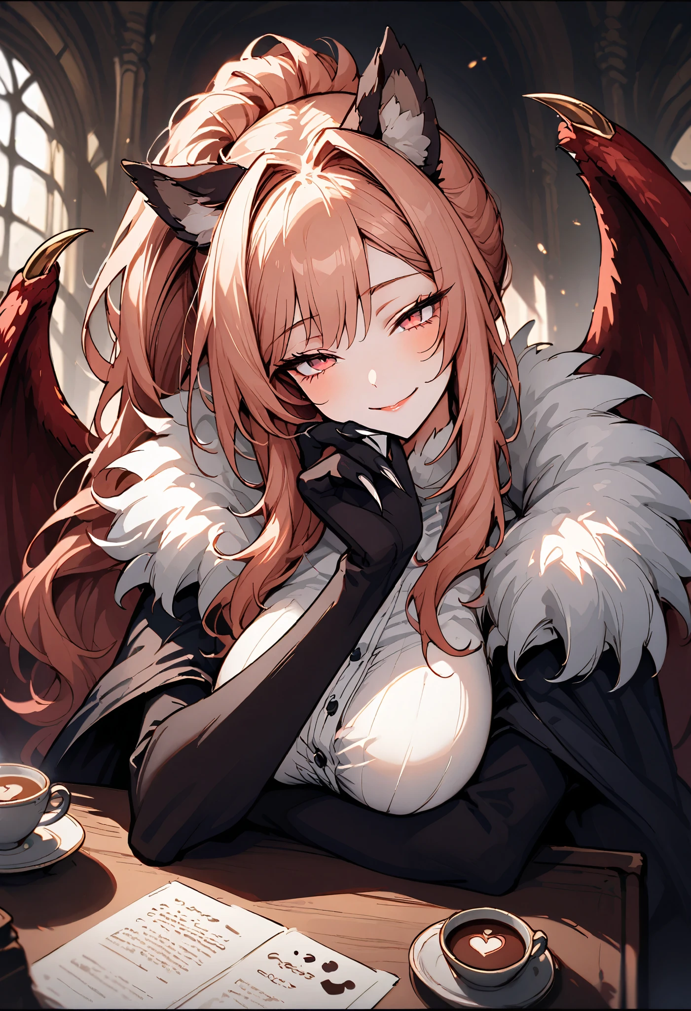 solo, close up, female, huge female, 7 foot tall, wide smile, friendly, half closed eyes, red eyes, light red hair, long wavy hair, side-ponytail, neat straight hair, ManticoreMGE, monster girl, prehensile tail, animal ears, neat black suit, broad shoulders, muscular, slightly bulky body, cafe, sitting on chair, fur, wings, claws, very large breasts, gazing at viewer, close-up, sunny, indoors, white button shirt:1.3, loving gaze, slight blush, lightwell, extremely tall:1.3, resting hand on chin, breasts pressing on table, open top, head tilt, victorian