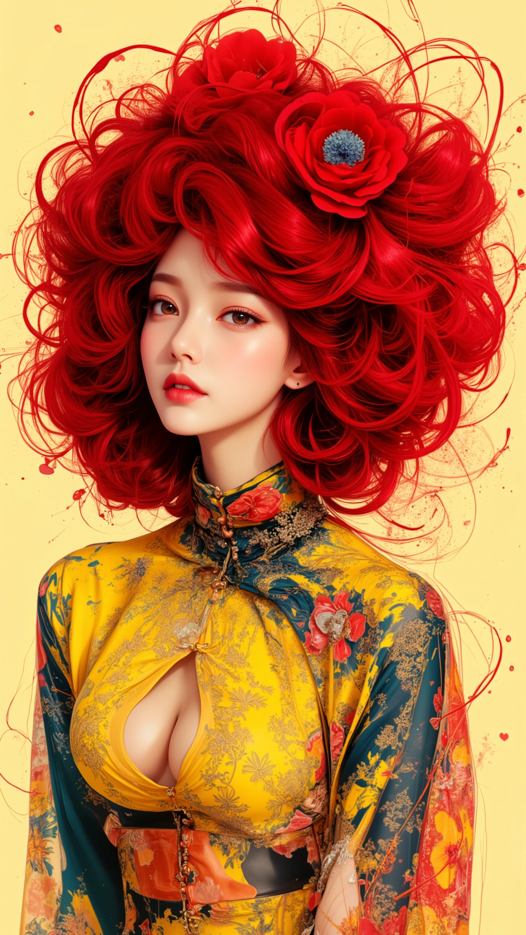 32K（tmasterpiece，K HD，hyper HD，32K）Large flowing curls，Flowing Rouge，Ponds，zydink， Farbe，  japanes（Stupid girl）， （Silk Scarf）， Big roll of rouge， Flowing rouge curls， avant-garde、psychedelic、 （Abstract ink splash：1.2）， Yellow lemon background，tiny waterfall（realisticlying：1.4），Rouge Hair，The background is pure， hight resolution， detaileds， RAW photogr， Sharp Re， 「Nikon D850 Film」Stock photo of Jeffries Lee 4 Kodak Portra 400 Camera F1.6 shots, Rich colors, Ultra-realistic vivid textures, Dramatic Lighting, Unreal Engine Art Station Trends, Synestil 800，Big curls，Flowing Rouge、small tits、Slimed、A slender、Model body type、Abstract、artistic