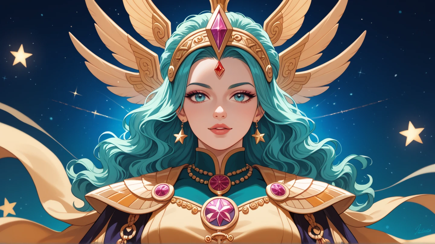 Person (High Elf Colossal Goddess), Clothing (wearing rainbow-colored gloves), Depiction (Upper body of a person sitting on a throne in outer space), Image quality (4K, Golden Ratio)
