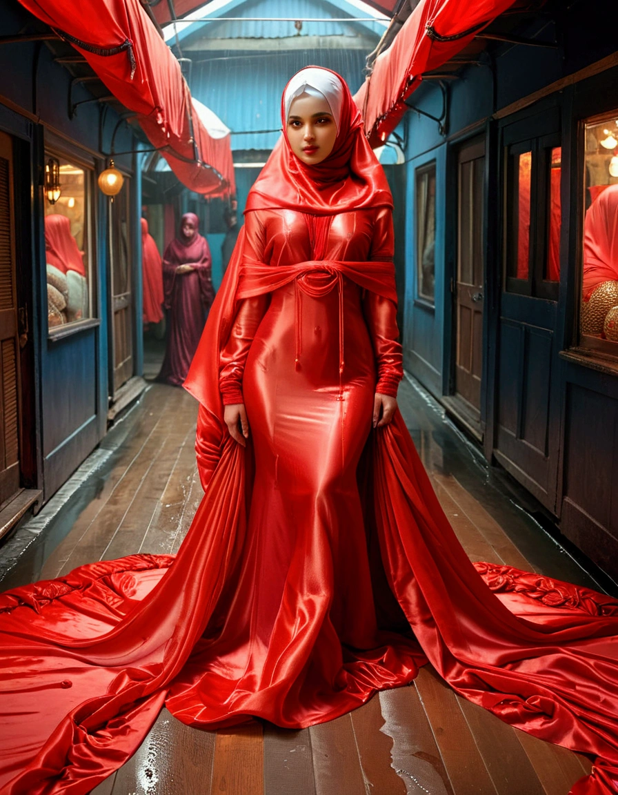 a woman in the translucent red gown, tight full body tied, transparent very long gown, nipple on with nipple piercing, wearing translucent veils, face cover with red veil, modern hijab, full body, long tail gown,mermaid tight long gown, flowy dramatic long gown, tall women, angkle to tight ,strugle to walk, sexy leg, wear high heels, satin bed, masterpice