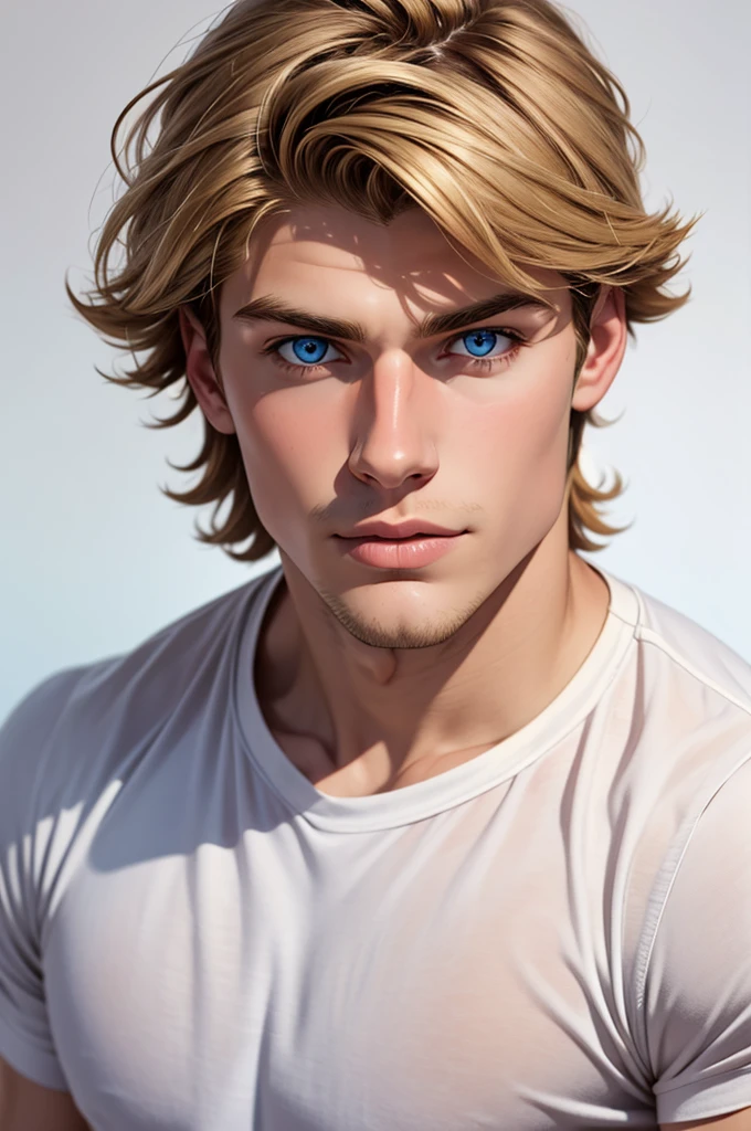 (masterpiece),(bestquality:1.0), (ultra highres:1.0), detailed illustration, 10, Handsome Boy,musculine,White loose t-shirt,Sir Young,handsome,28yo,Fine Skin,blue eyes