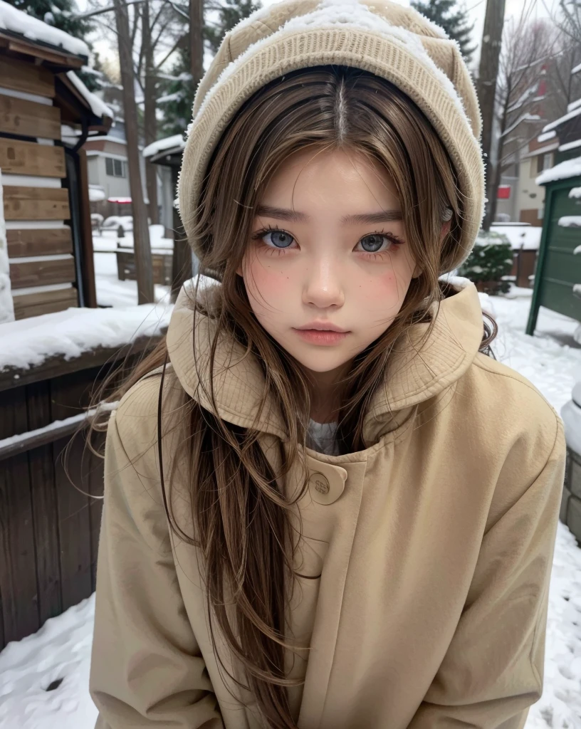 Hot girl, beige hair, winter clothes