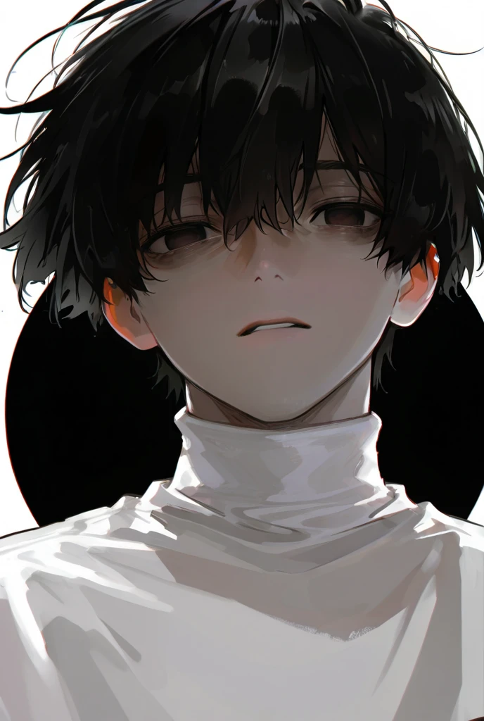 Black and White, Background Blur, one boy , black hair shortcuts,dark eyes saggy eyes , white turtleneck , dark background 