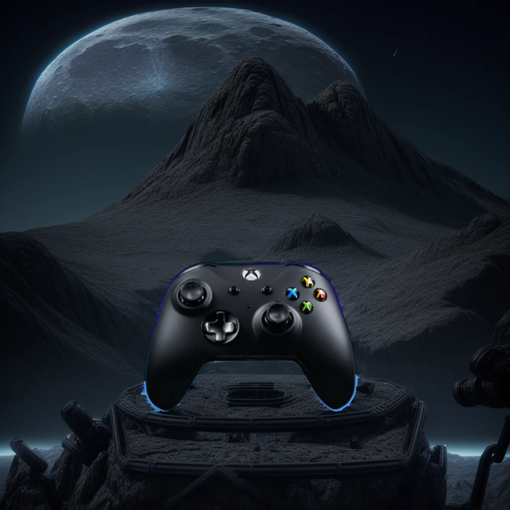 masterpiece, best quality, cinematic photo of Cyber sci-fi style, close-up of a mountain in the distance with a blue moon in the background, stunning alien planet landscape, black rocks with a glowing black mechanical platform on the ground, surreal 3d landscape style, rendered in cinema4d style, minimalist stage design, layered surface, photograph, film, highres